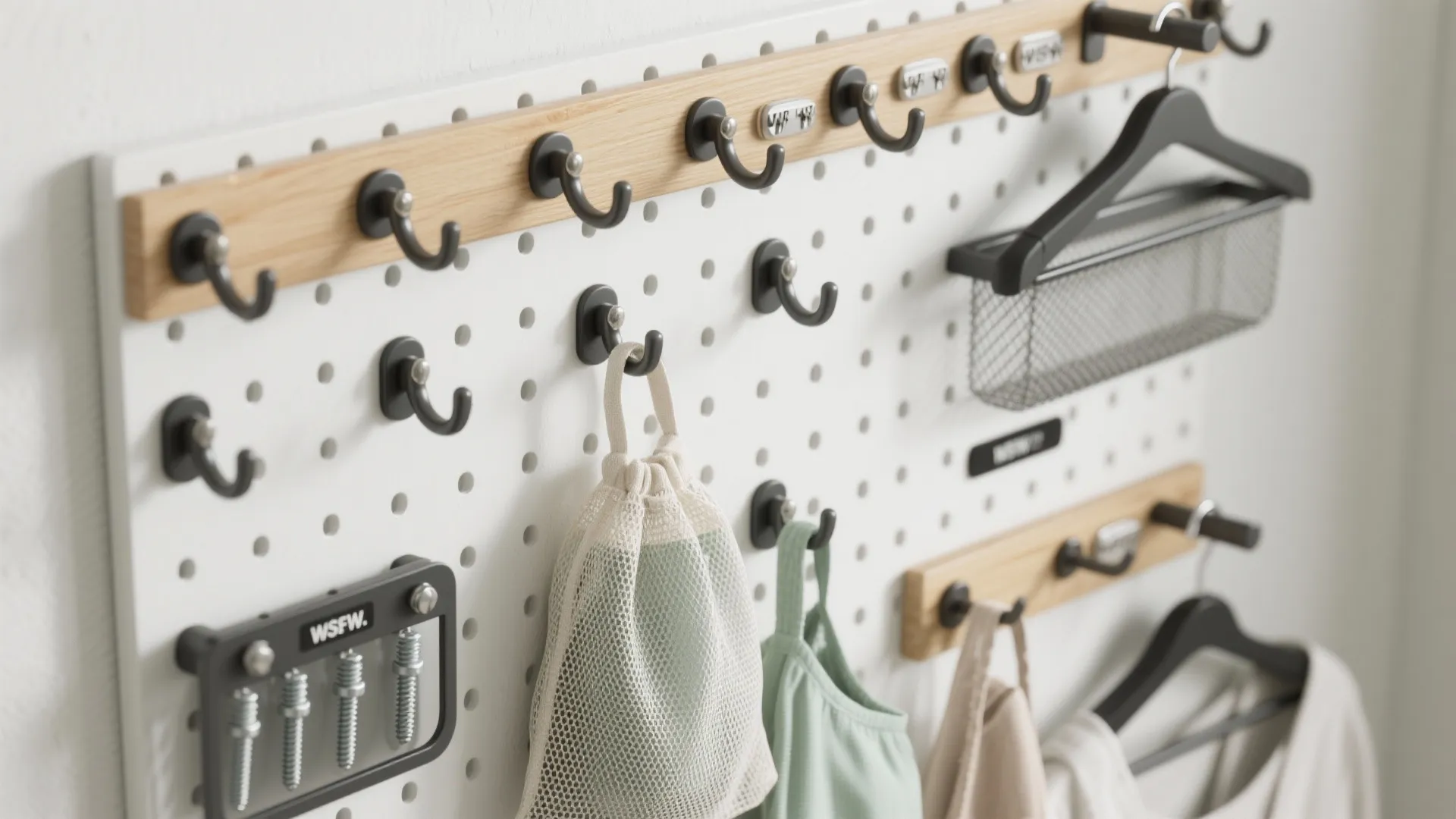 Idea 4: Pegboard grid with breathable bags and hooks