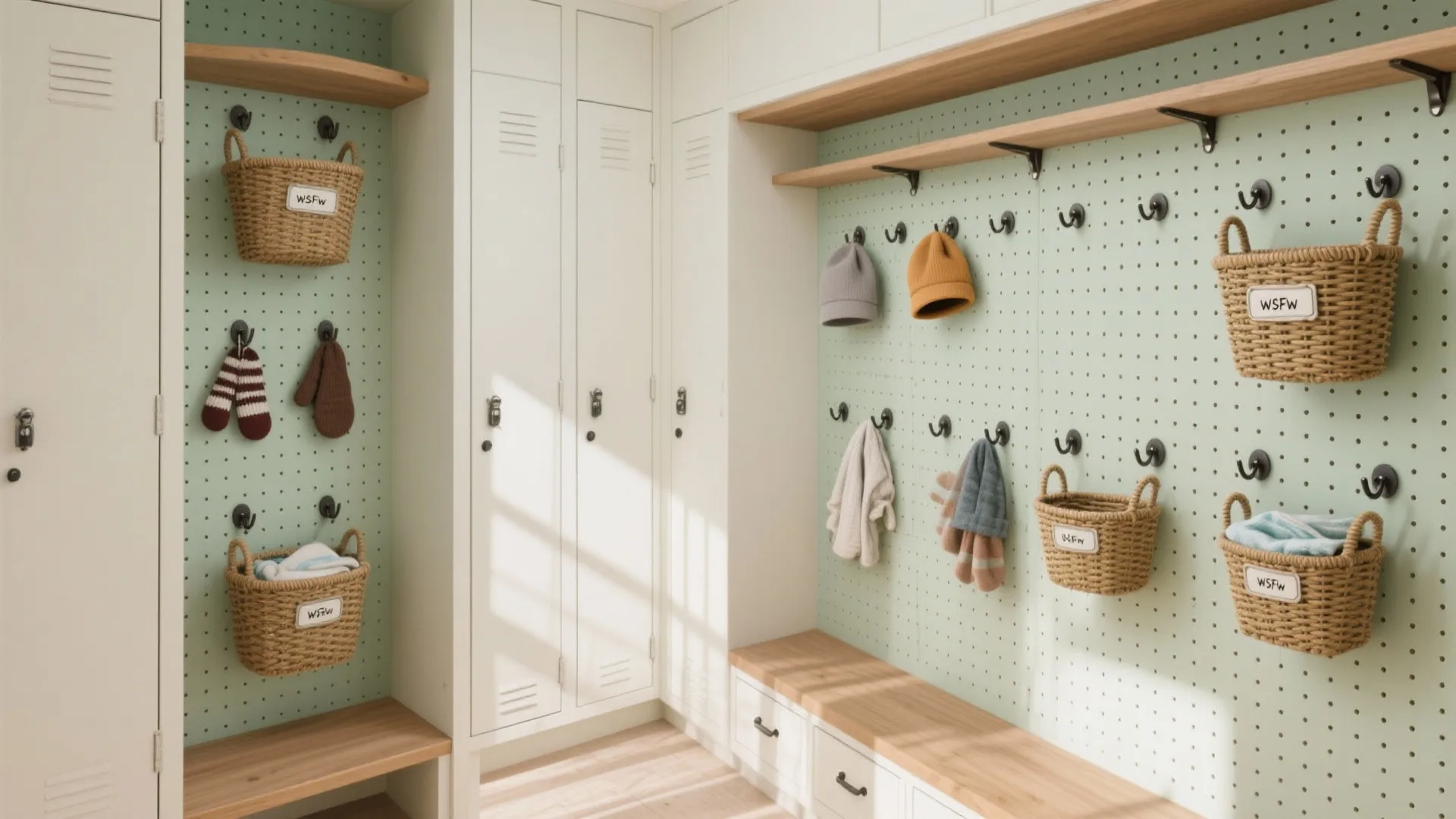 Bright room with white lockers light green wall panels hanging baskets wooden benches and wall hooks