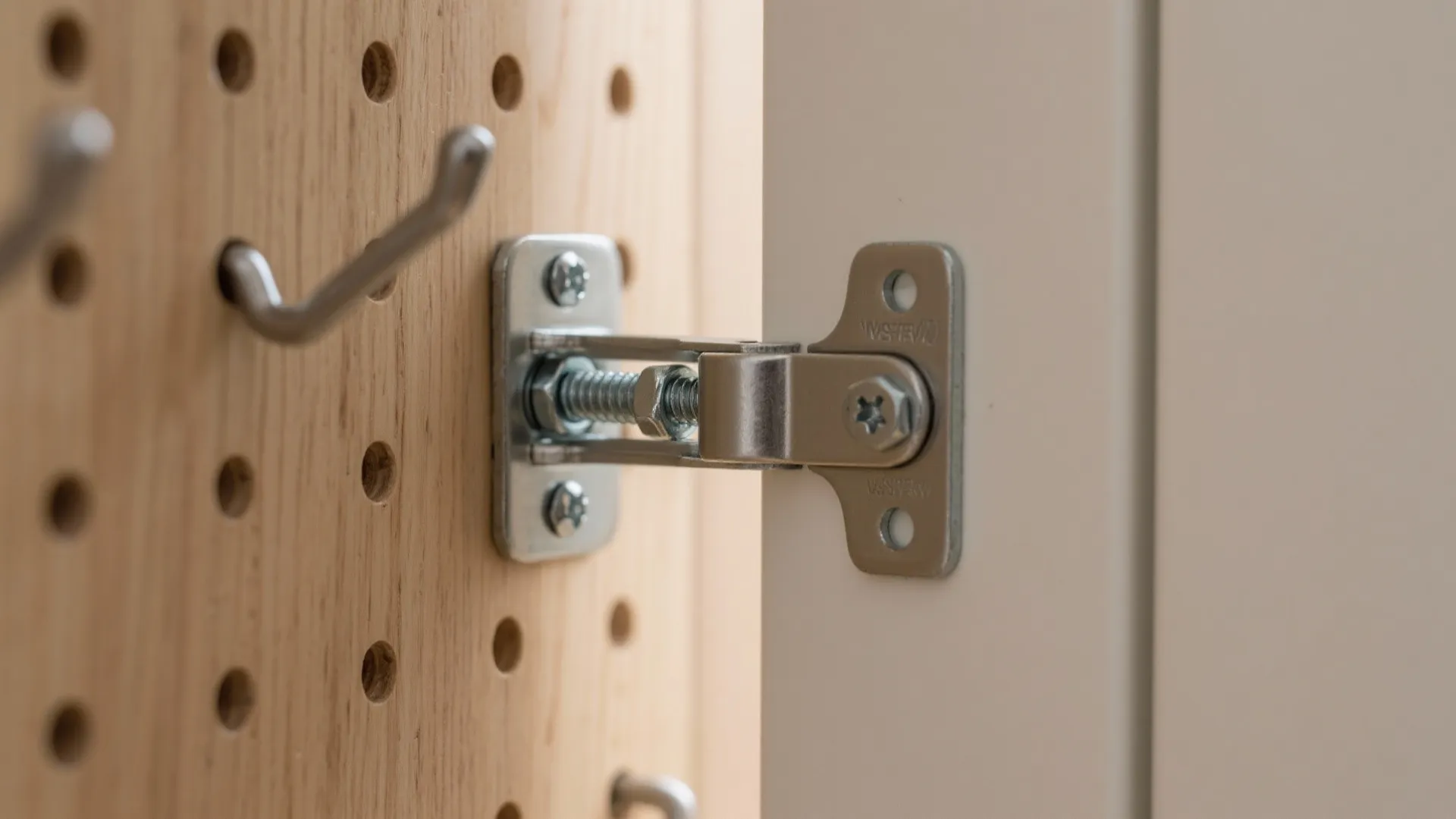 Macro view of a wall anchor bracket and pegboard hardware showing safe, sturdy installation.