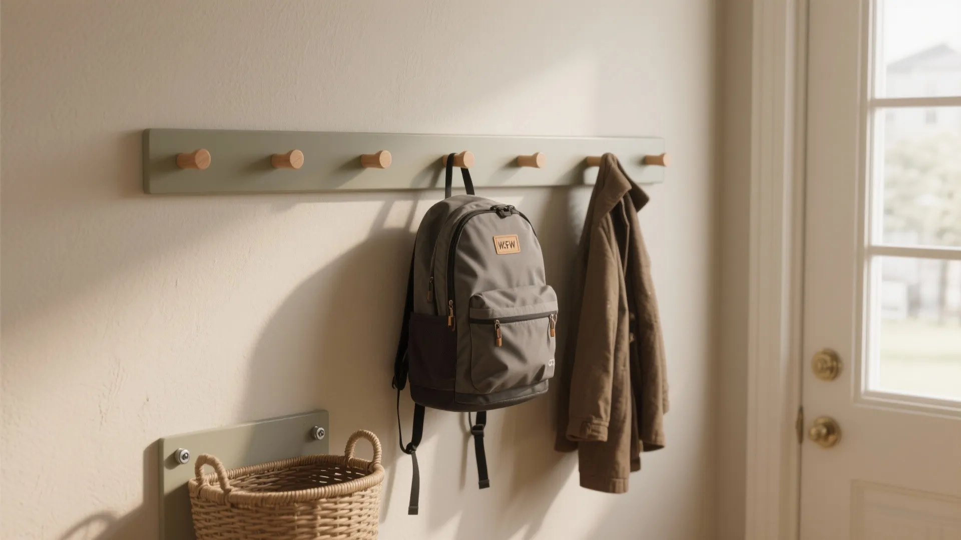 Wall-mounted peg rail with staggered heights holding kids backpacks and adult coats on a painted wall.
