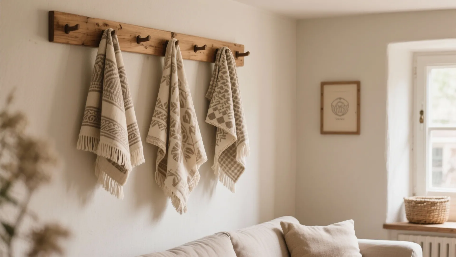 Blankets hanging on wall hooks in cozy reading nook