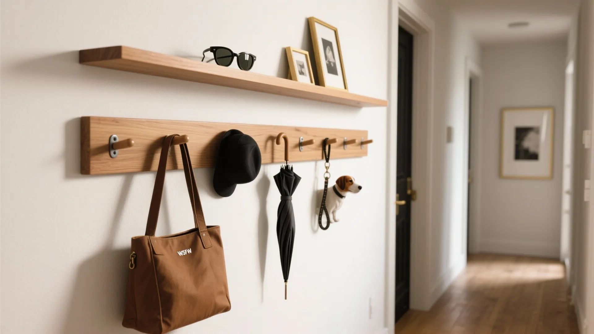 Peg rail wall with floating ledges