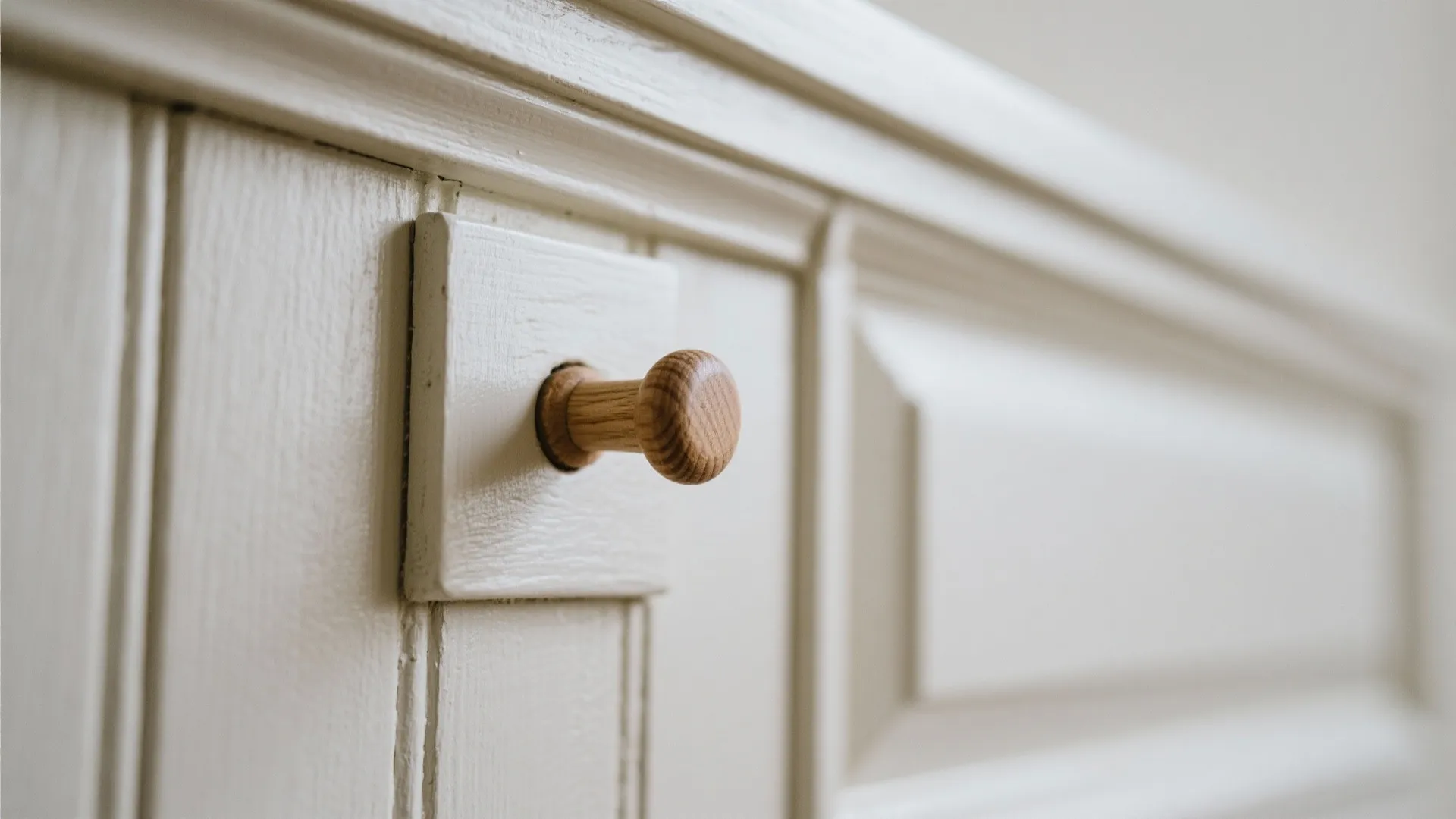 Macro of shaker cap rail and natural wood peg with smooth enamel panel below.