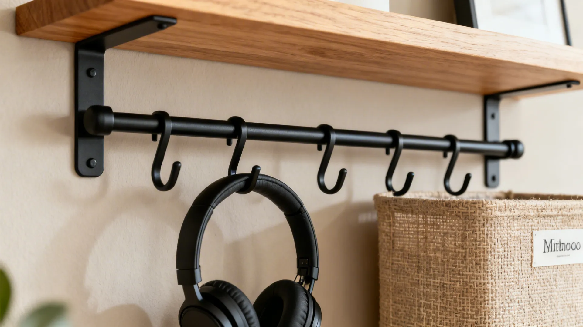 Macro of matte black peg rail and oak shelf with linen bin label, showing fine textures.