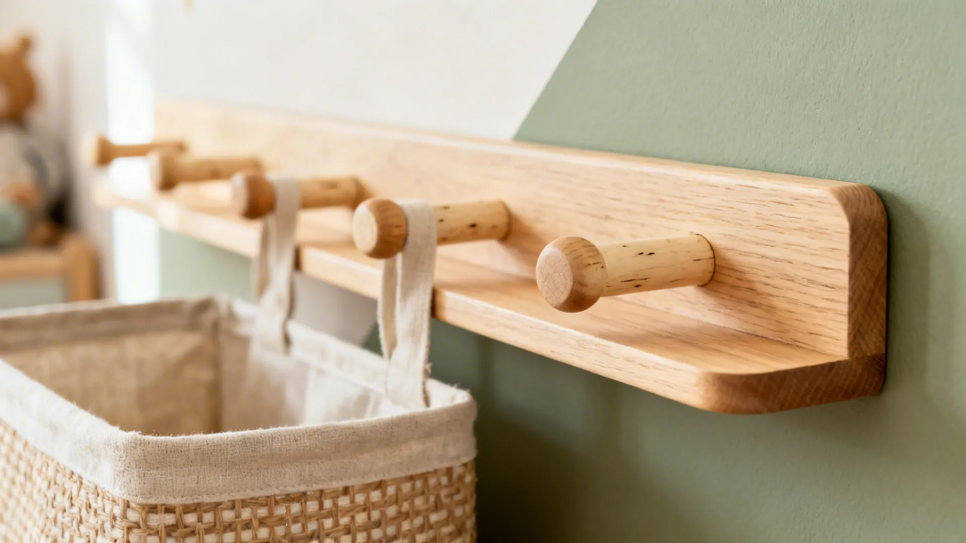 Macro of birch peg rail and oak shelf against a sage wall with matte finish.