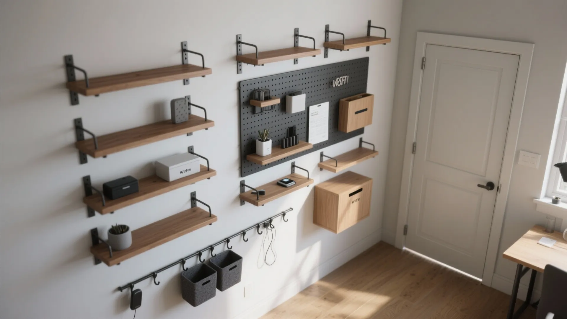 Modern home office wall with wooden shelves black pegboard hanging baskets and white door entrance