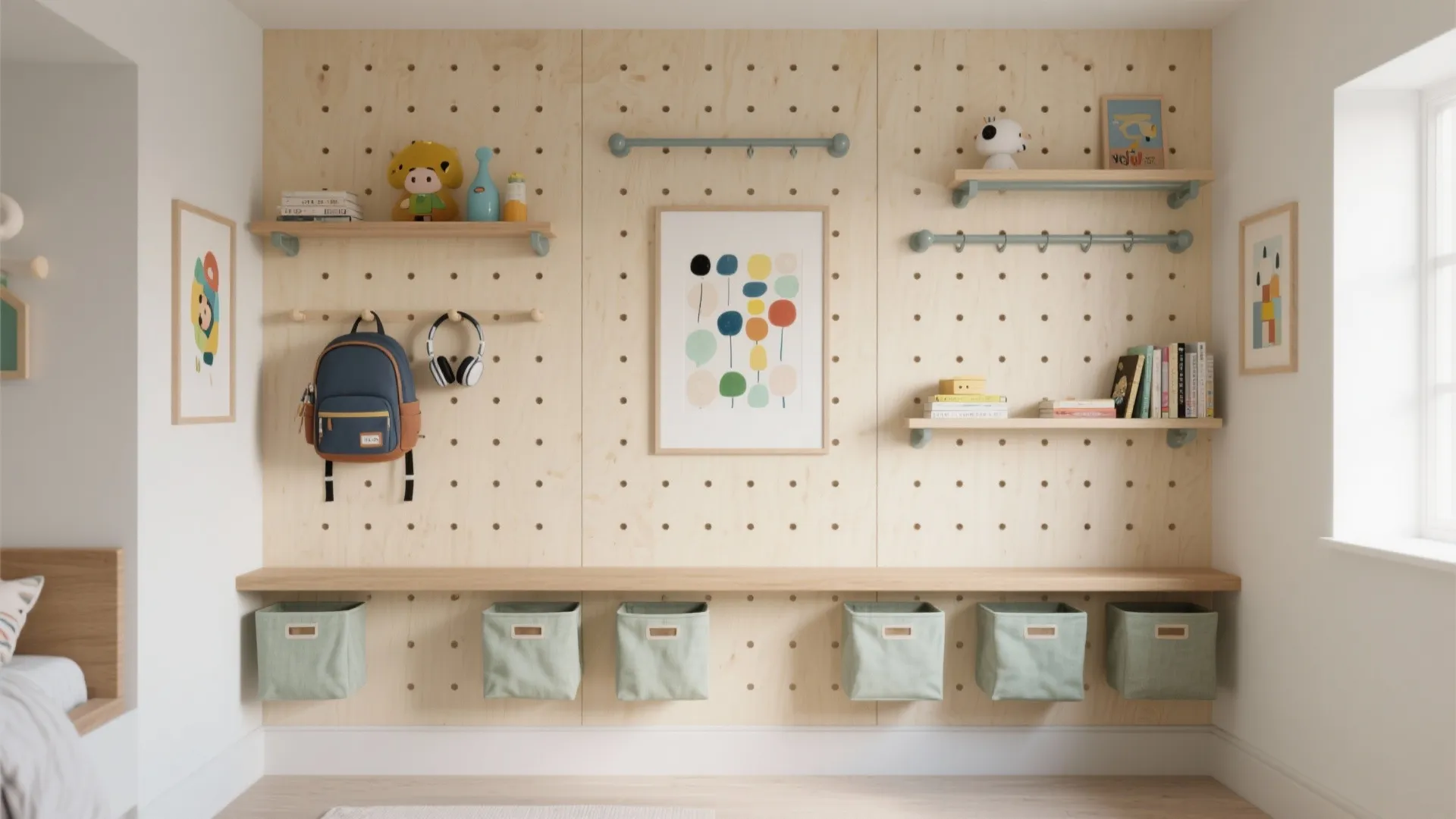 Wooden wall panel with shelves hooks and green storage boxes for organizing a child room