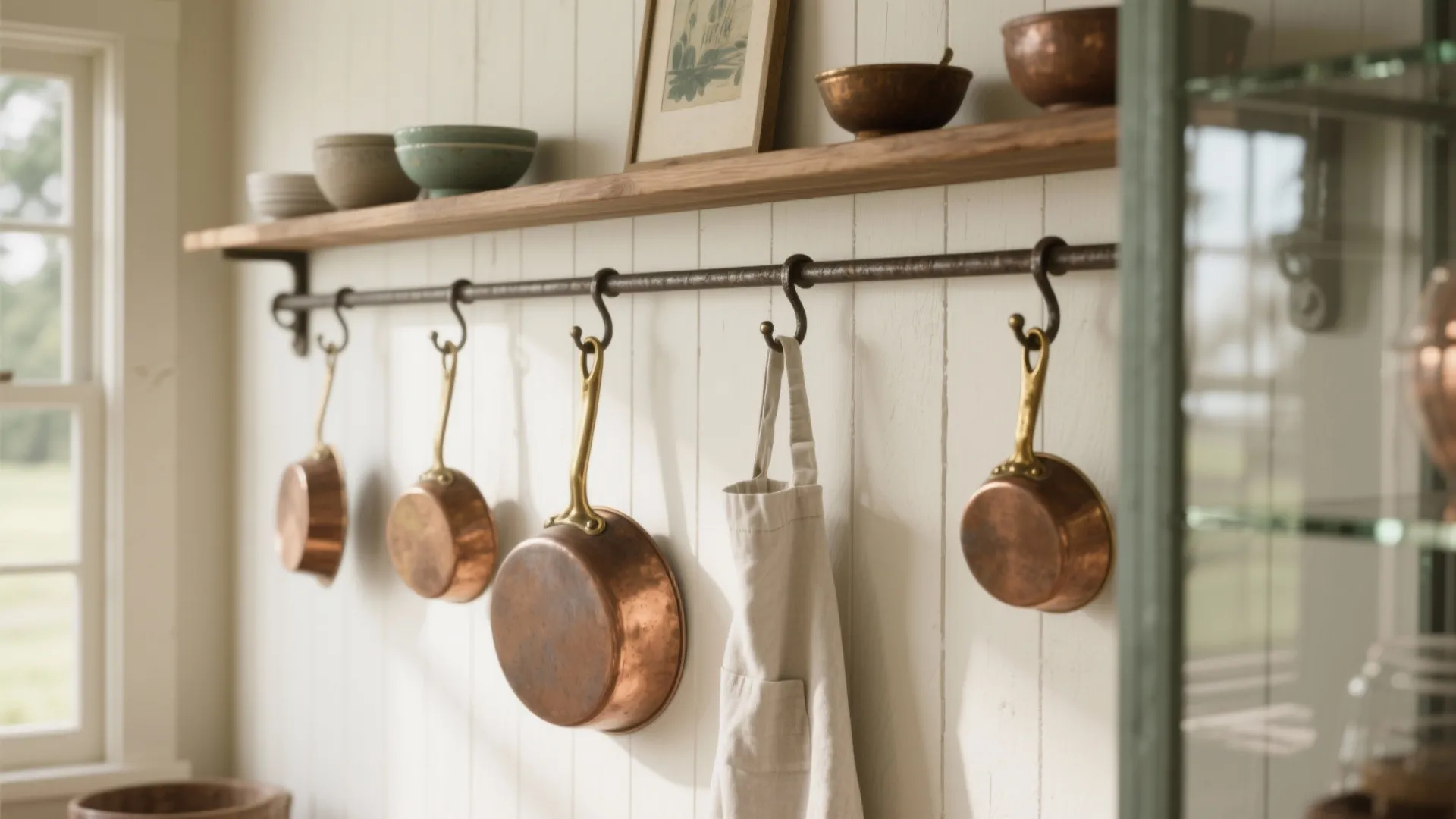 Metal wall rail hanging copper pots and an apron below a wooden shelf with bowls