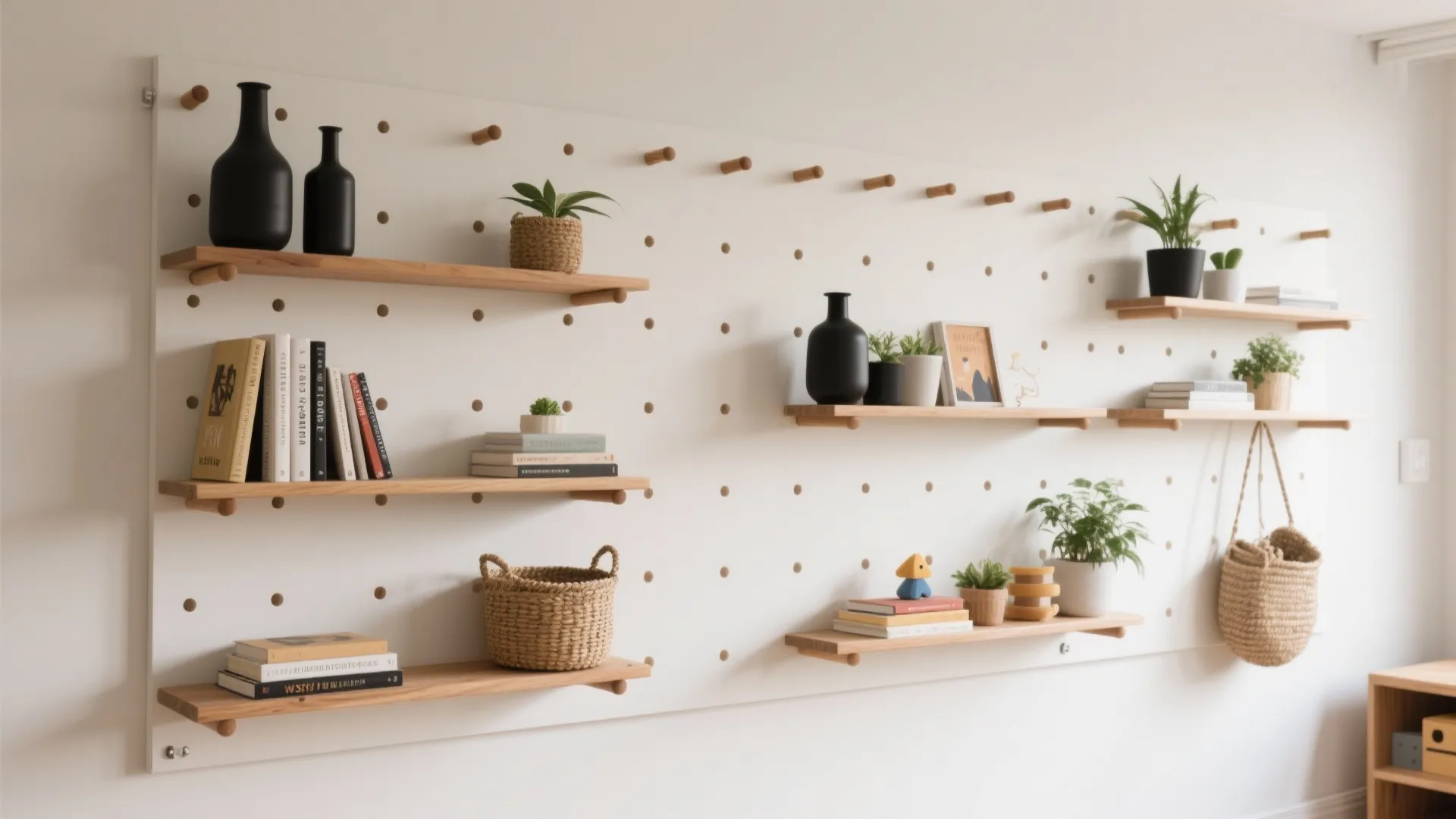 Adjustable pegboard wall with hardwood dowels and movable planks on a clean grid.