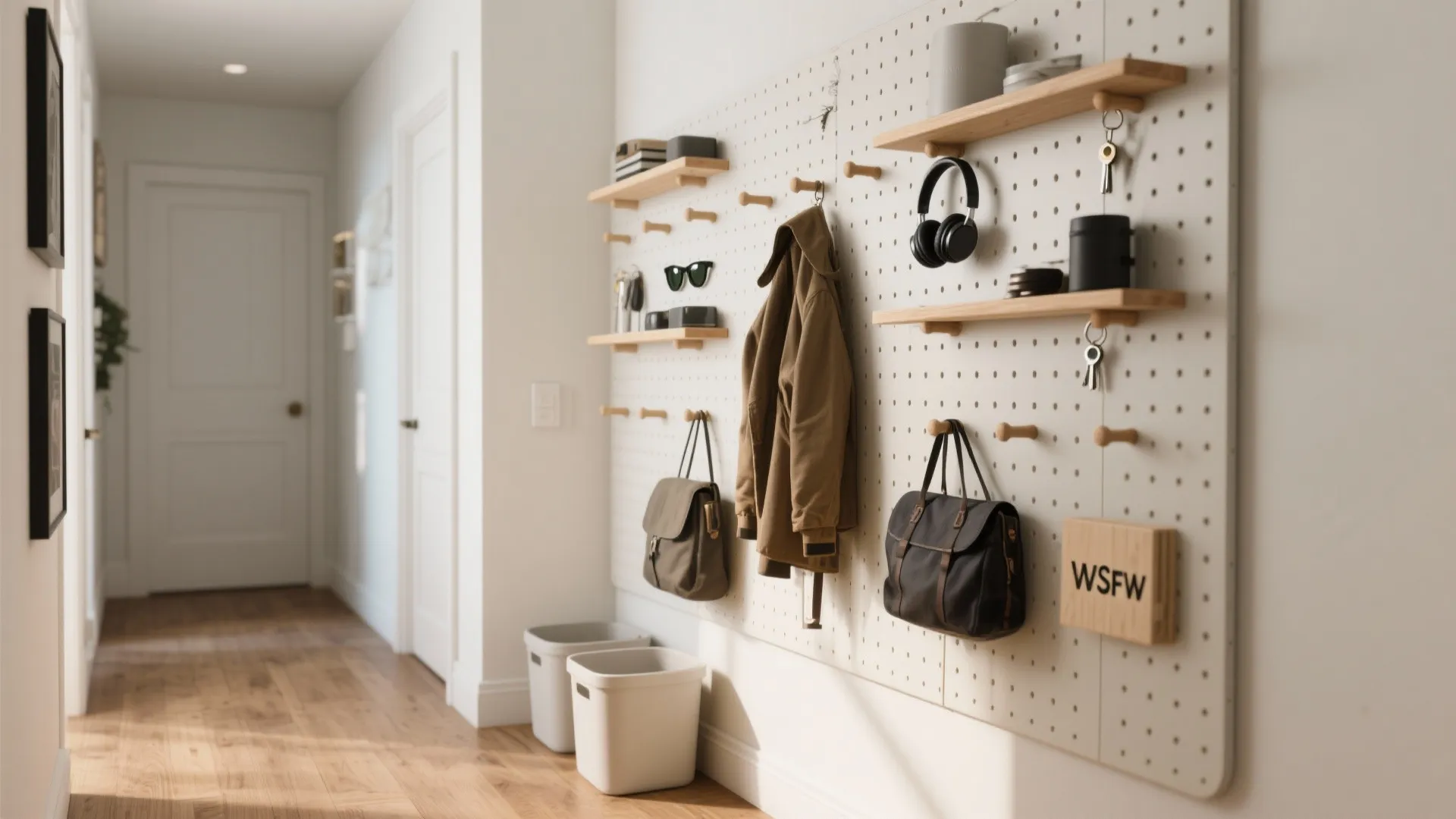 Vertical peg system with adjustable pegs and shelves wrapping a hall corner for coats and bags.