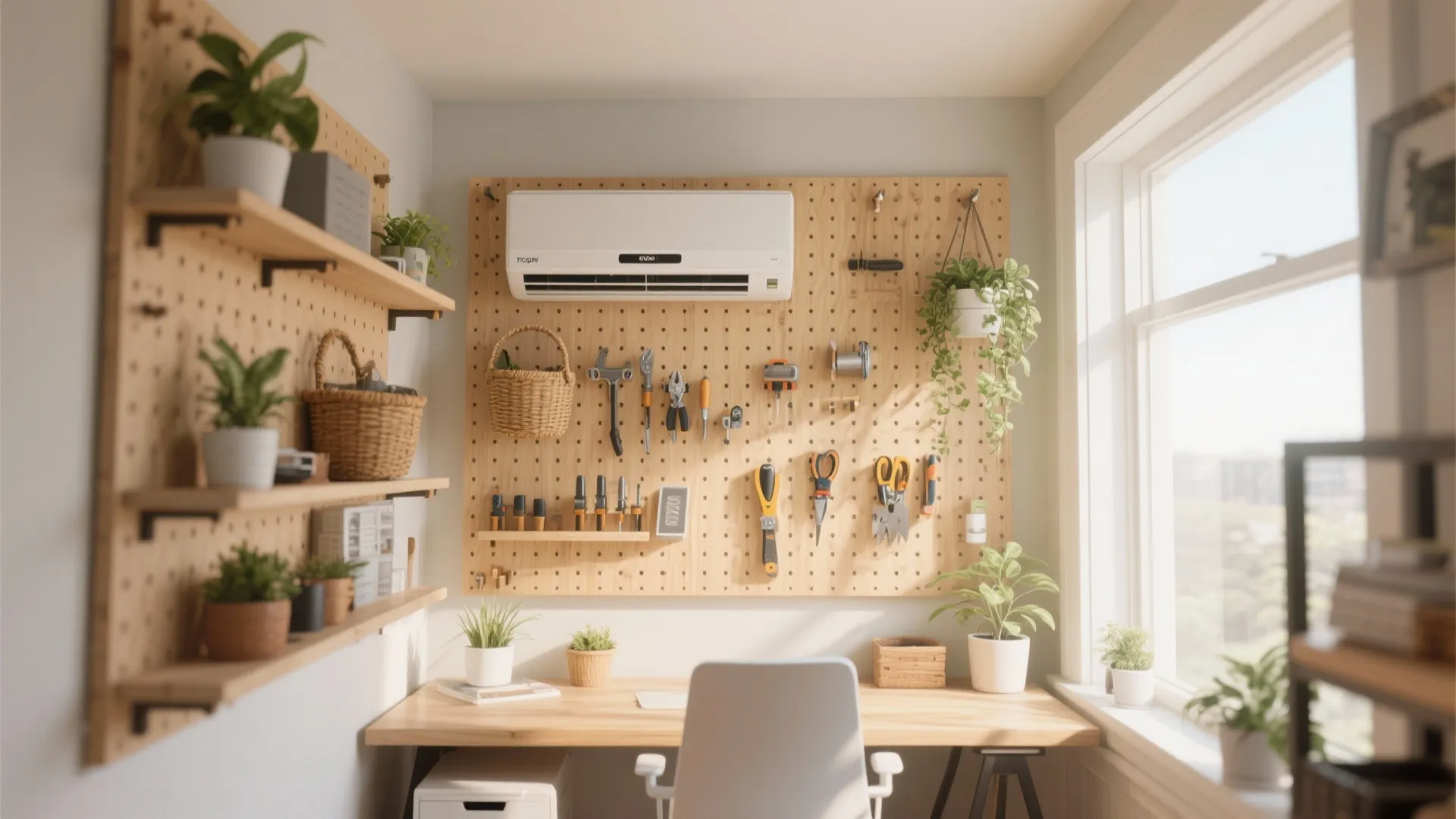 Bright home office workspace featuring wooden desk white chair air conditioner and tool storage pegboard