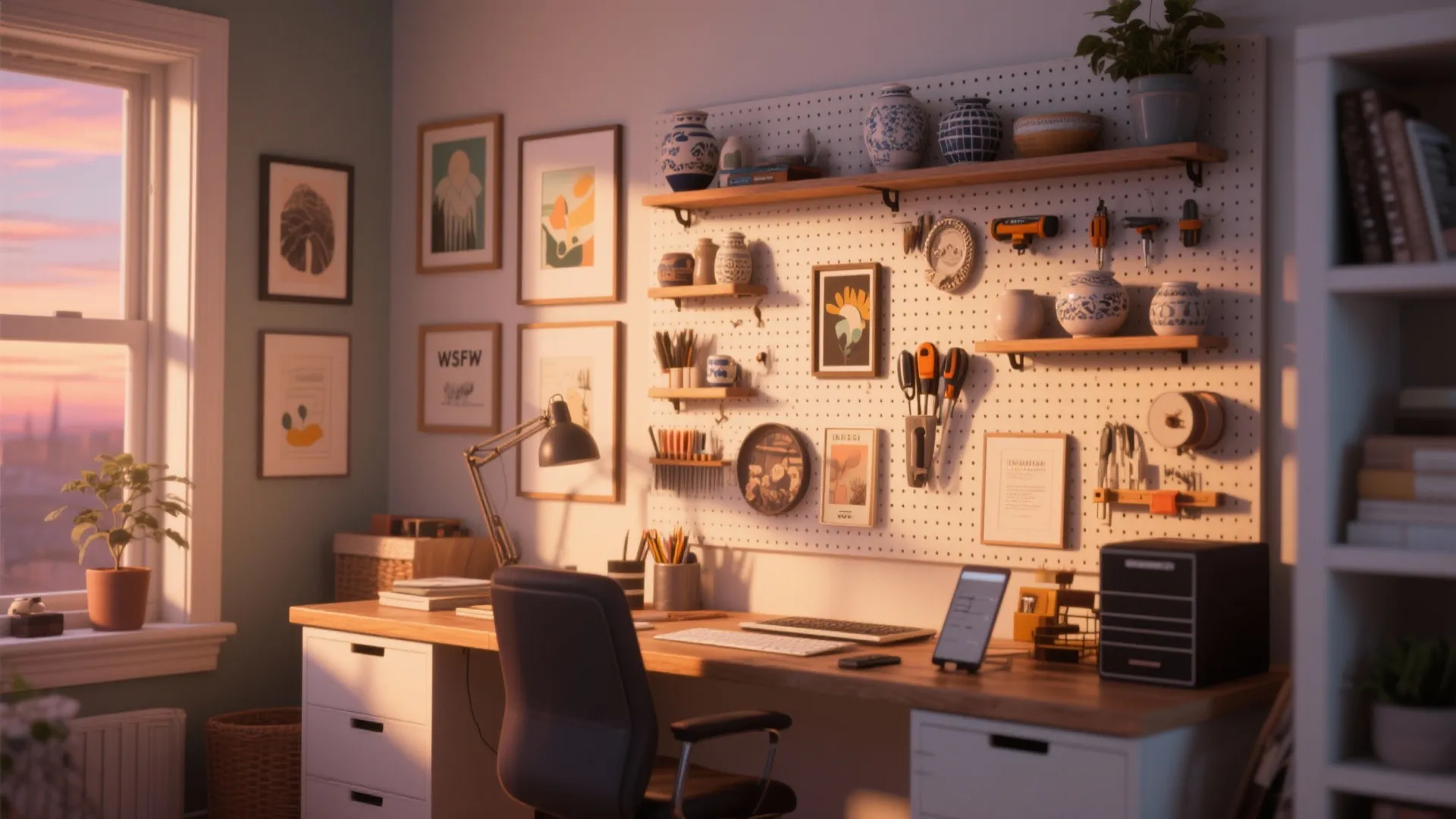 Pegboard used to display art and decorative keepsakes