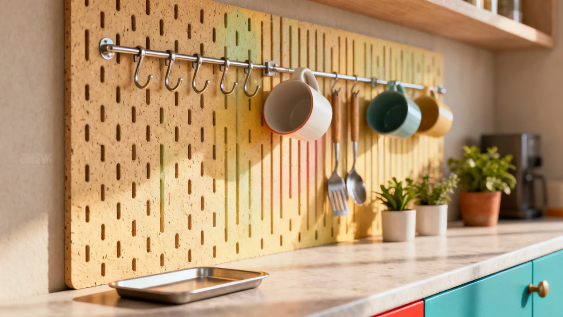 Close-up of a painted pegboard behind a breakfast bar with mugs and hooks