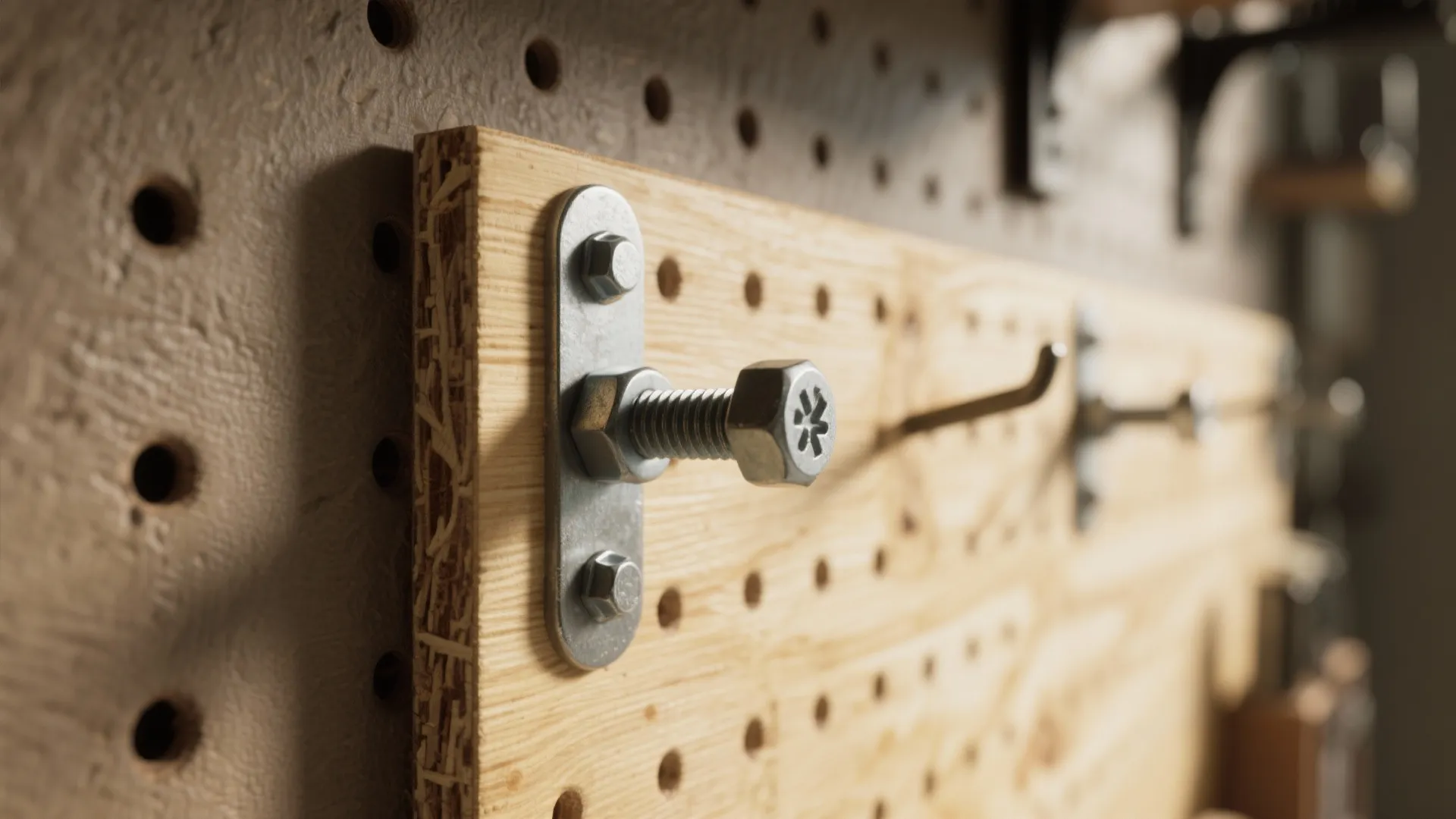 Close up of a metal bolt and hook attached to a wood panel with holes