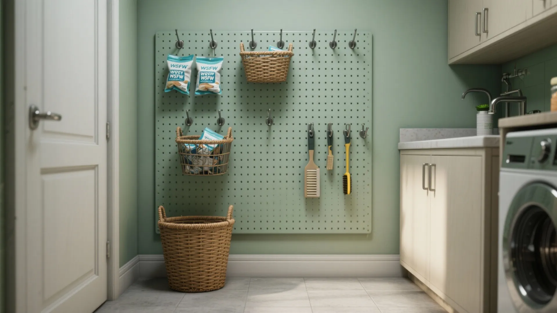 Green laundry room wall with pegboard storage organizer including baskets brushes and large laundry bin