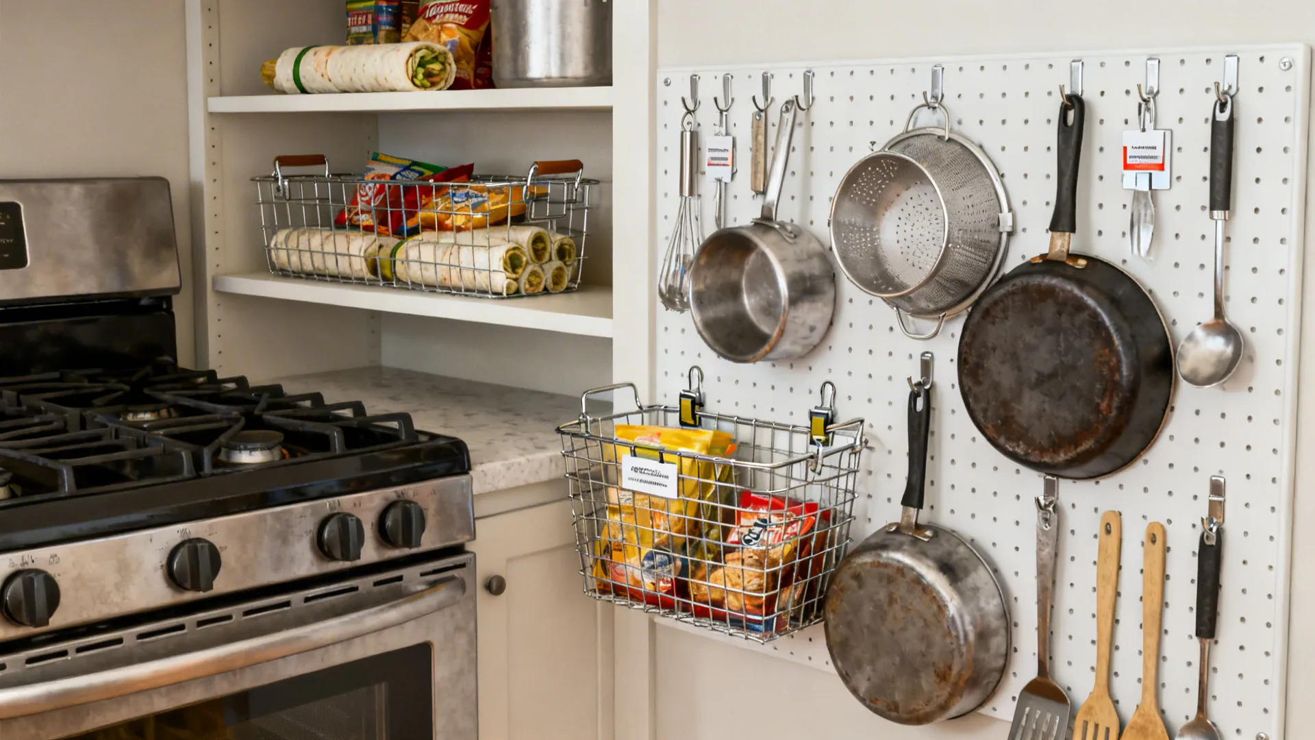 White kitchen pegboard holding metal pans and wire baskets next to shelves filled with snacks