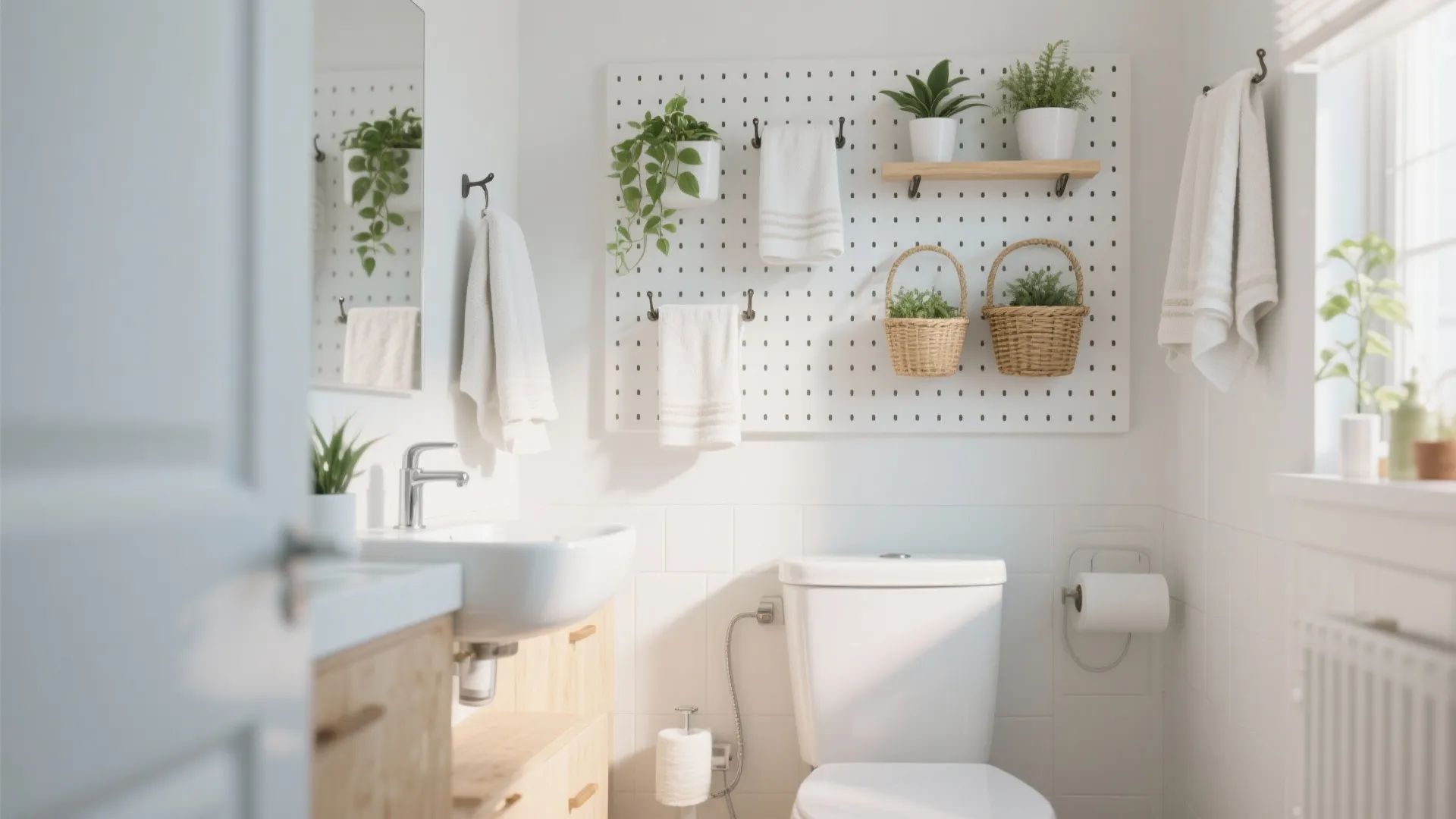 Small white bathroom with wall pegboard holding green plants towels and baskets above the toilet
