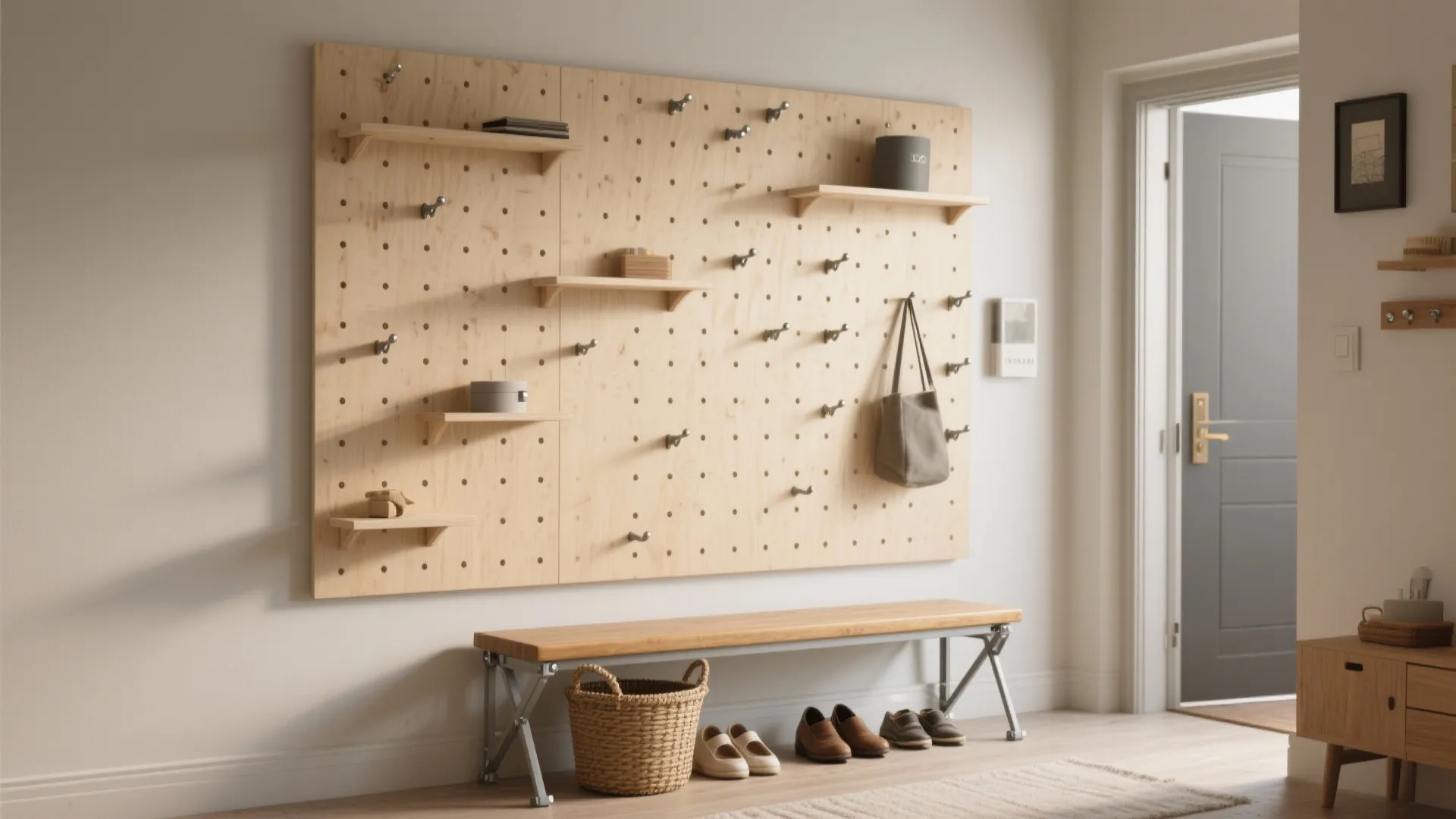 2. Pegboard with Fold-down Bench