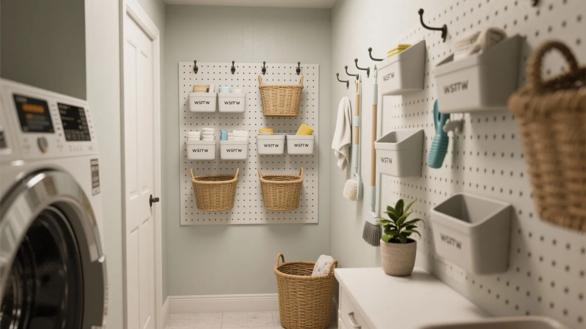 White laundry room wall with pegboard holding several small plastic bins and large woven baskets