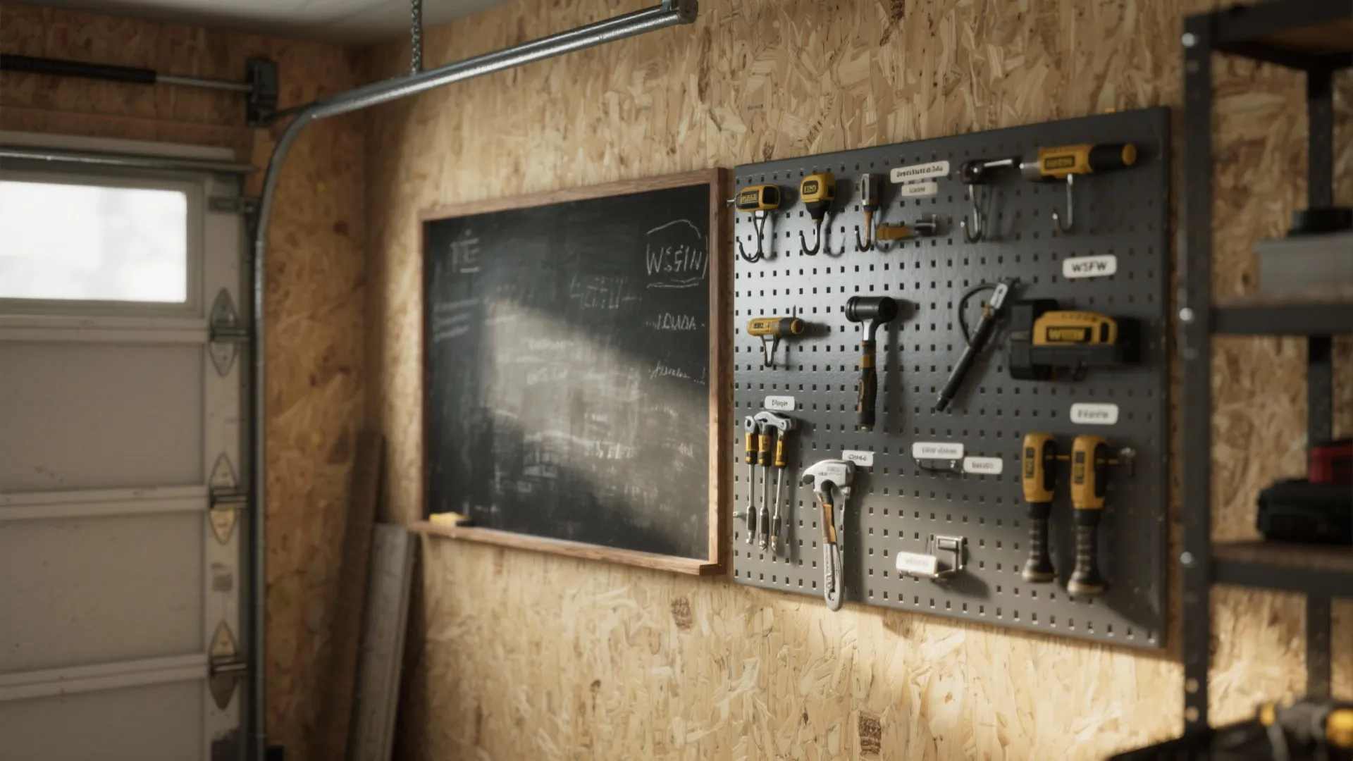 Garage interior with a black chalkboard and tools hanging on a grey wall organizer board