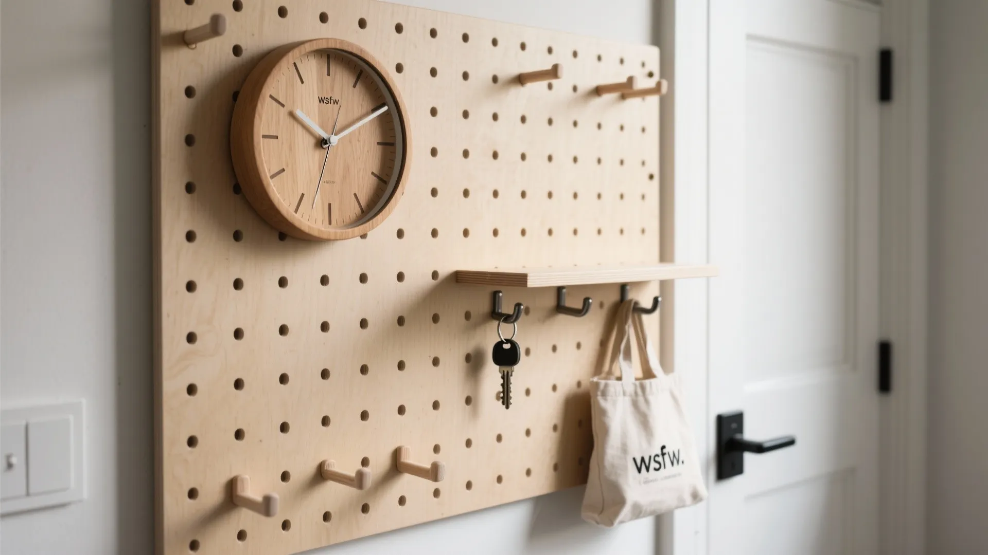 Pegboard-integrated wood clock for micro spaces