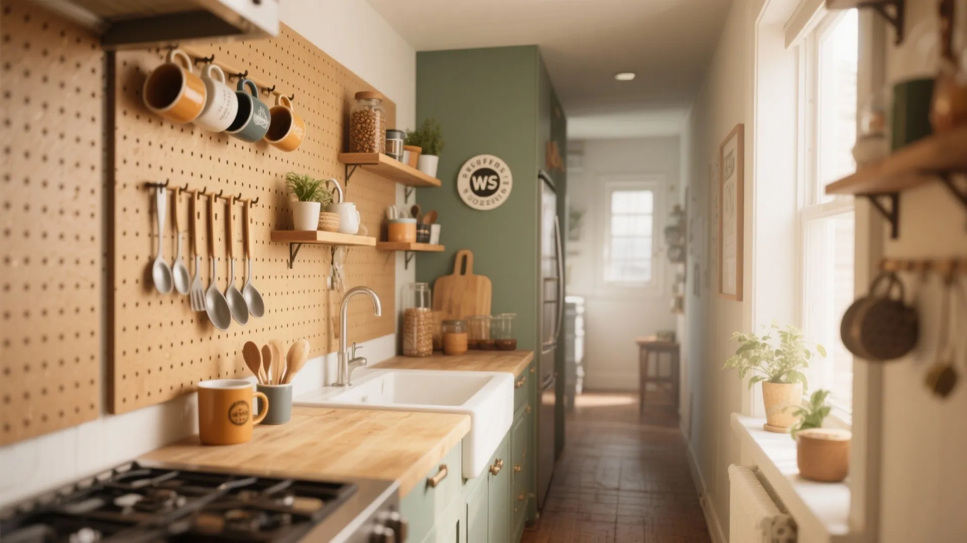 Small kitchen layout featuring a wooden pegboard for mugs sink green cabinets and wooden counters