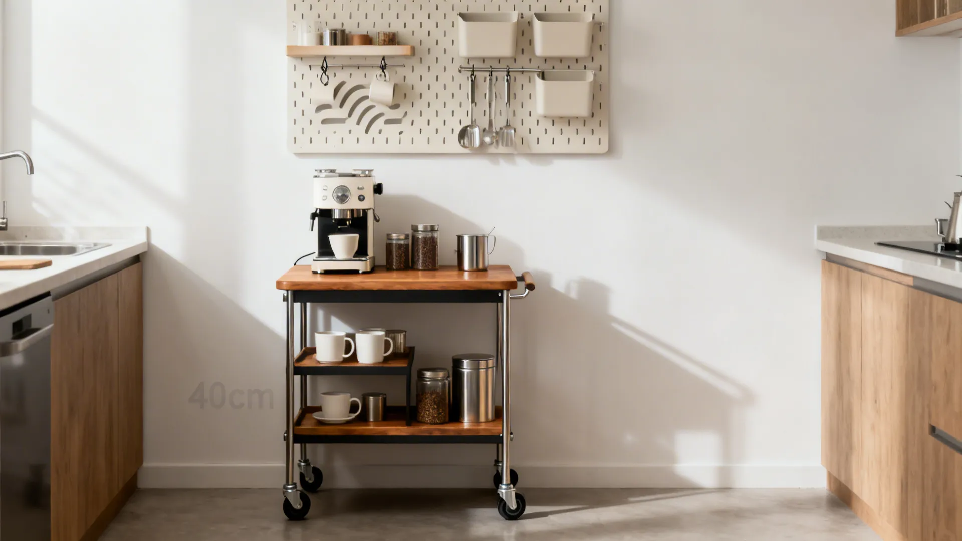 Small rolling coffee cart with a styled pegboard above, keeping counters clear in a compact kitchen.