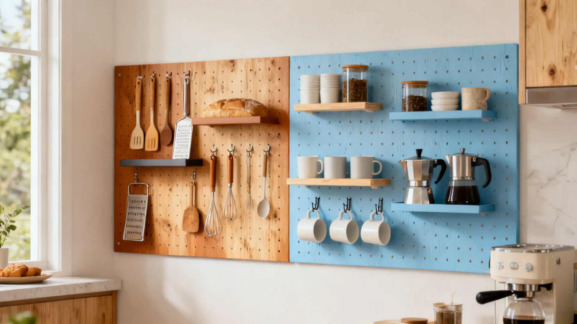Painted pegboard in a small kitchen with color-blocked zones for baking and coffee tools.