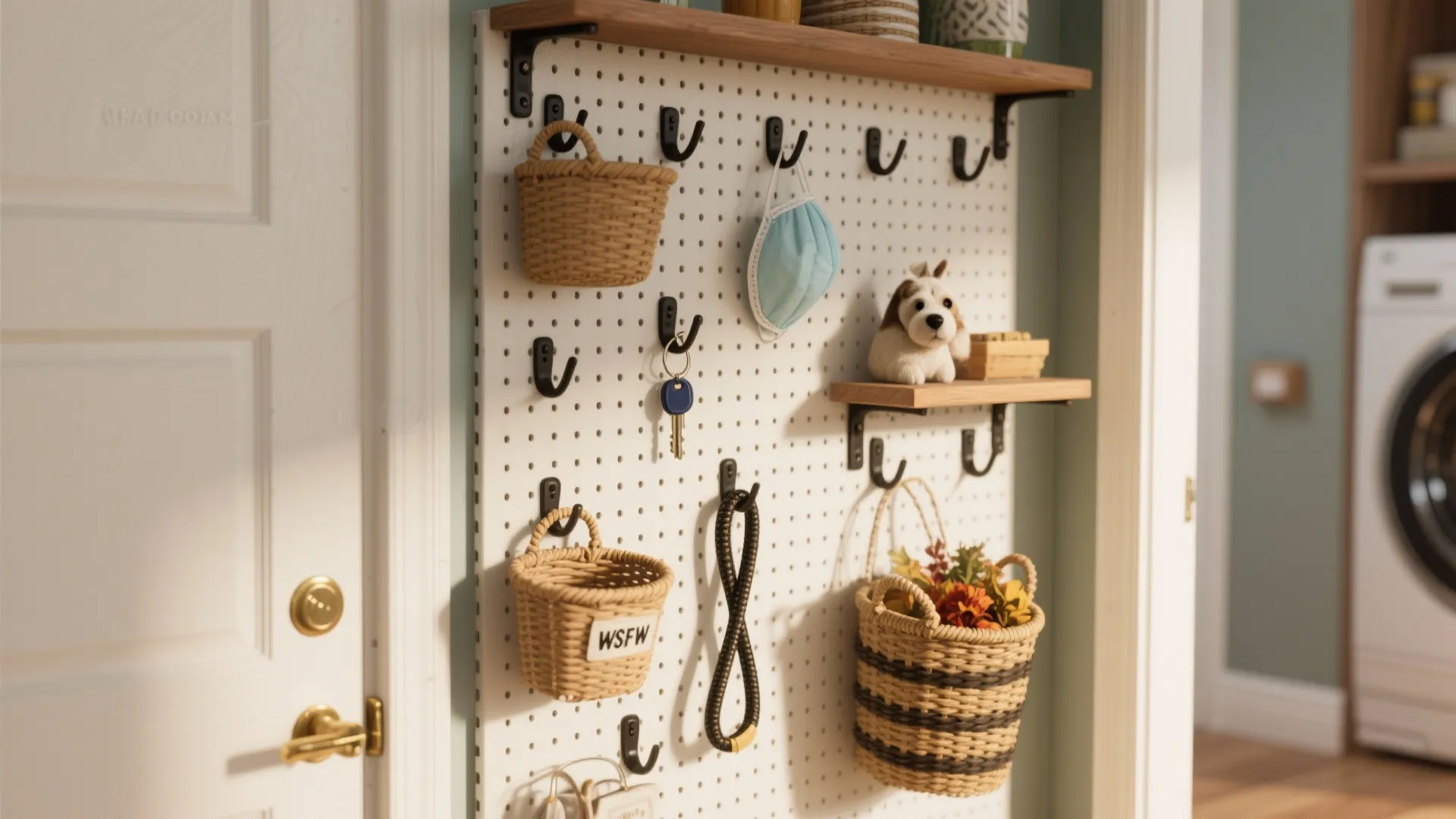 White pegboard with hooks, small baskets, keys, and shelf organized neatly in a bright hallway