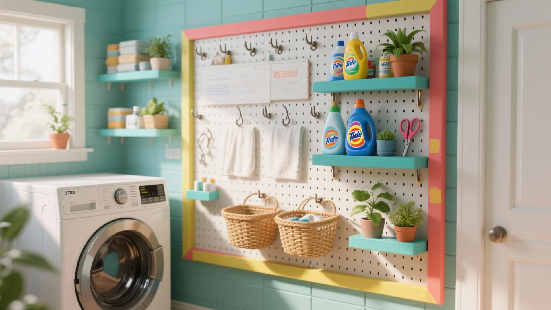Colorful laundry room with a white pegboard organizer holding detergent bottles baskets and small plants