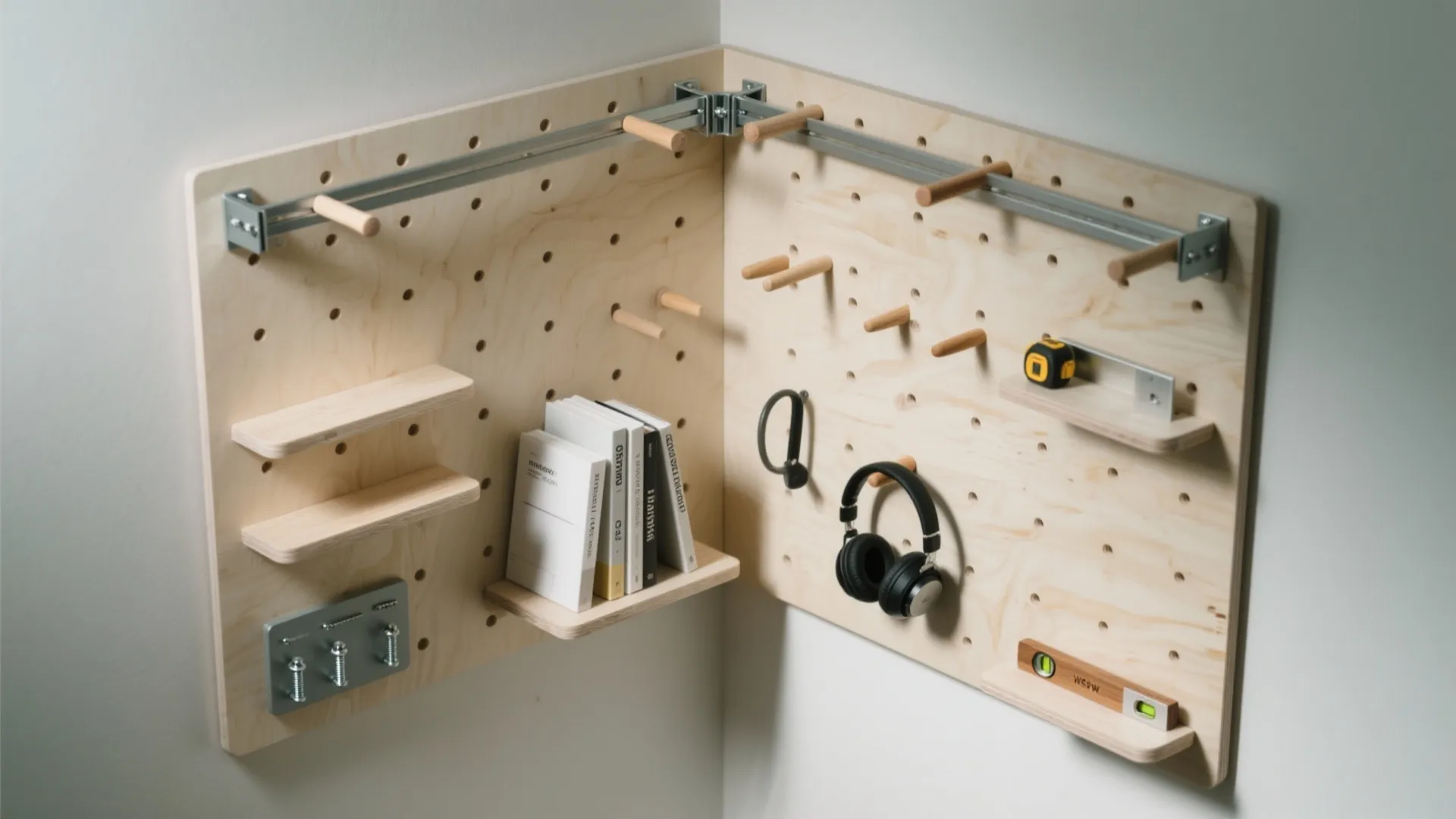 Corner wooden pegboard storage organizer with shelves holding books headphones and various small office tools