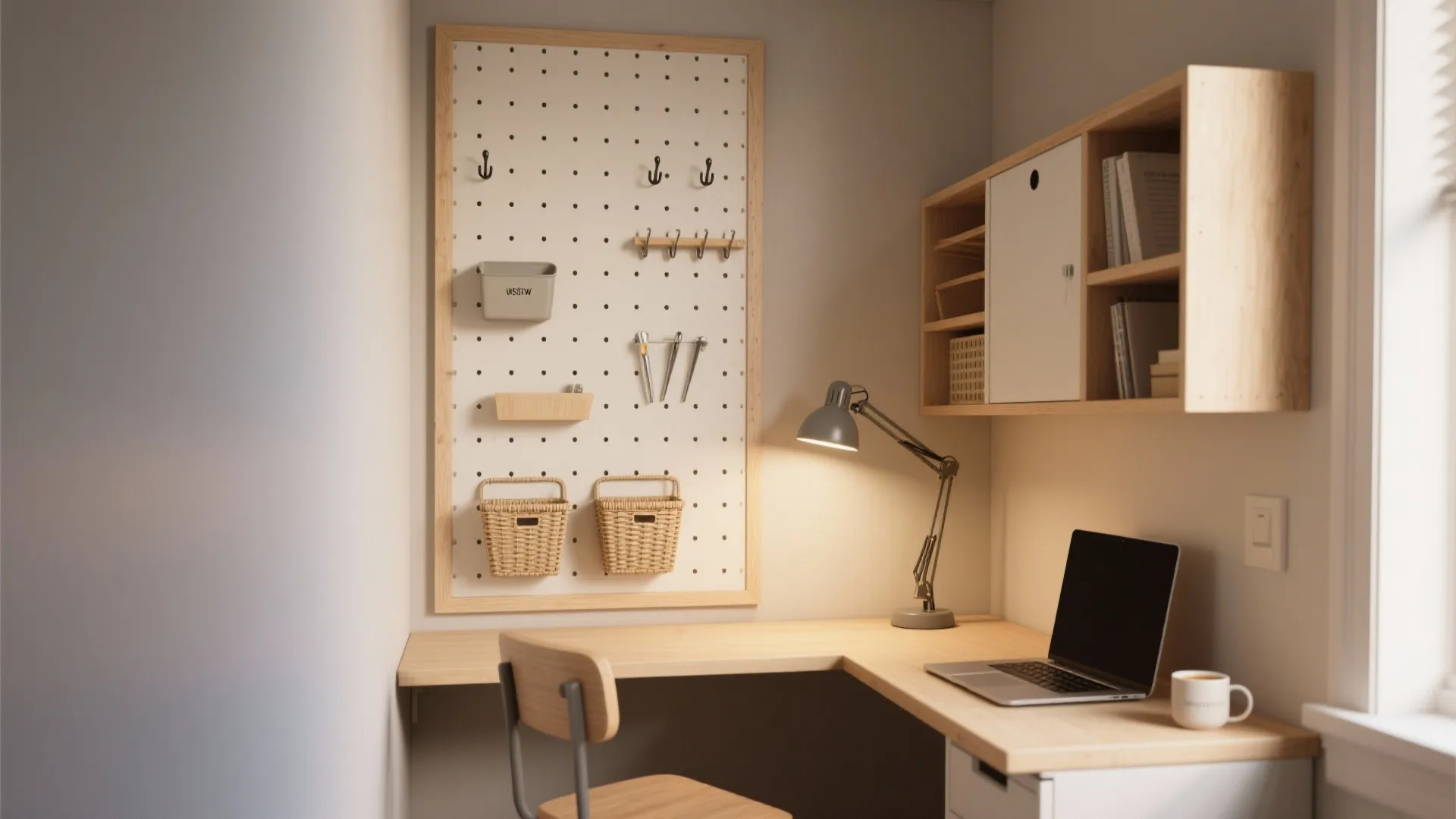 Narrow corner desk backed by a vertical pegboard with hooks, bins and a foldaway light for flexible storage.