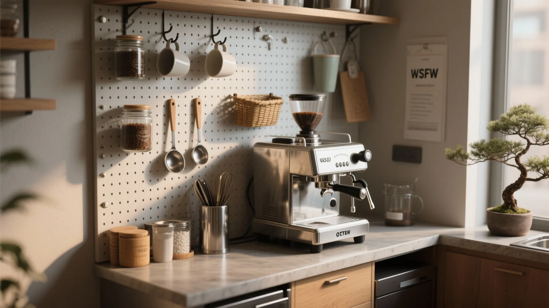 4. Corner coffee station with pegboard and magnetic storage