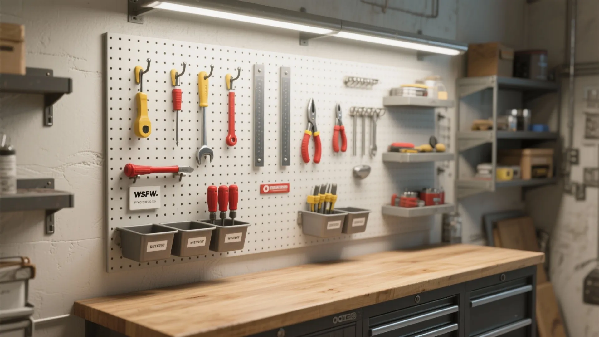 Wall mounted white pegboard with various hand tools organized above a wooden workbench with drawers