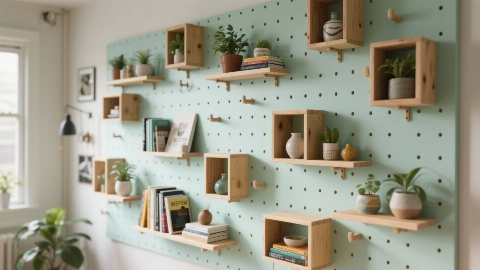 5. Vertical pegboard shelf with alternating cubbies