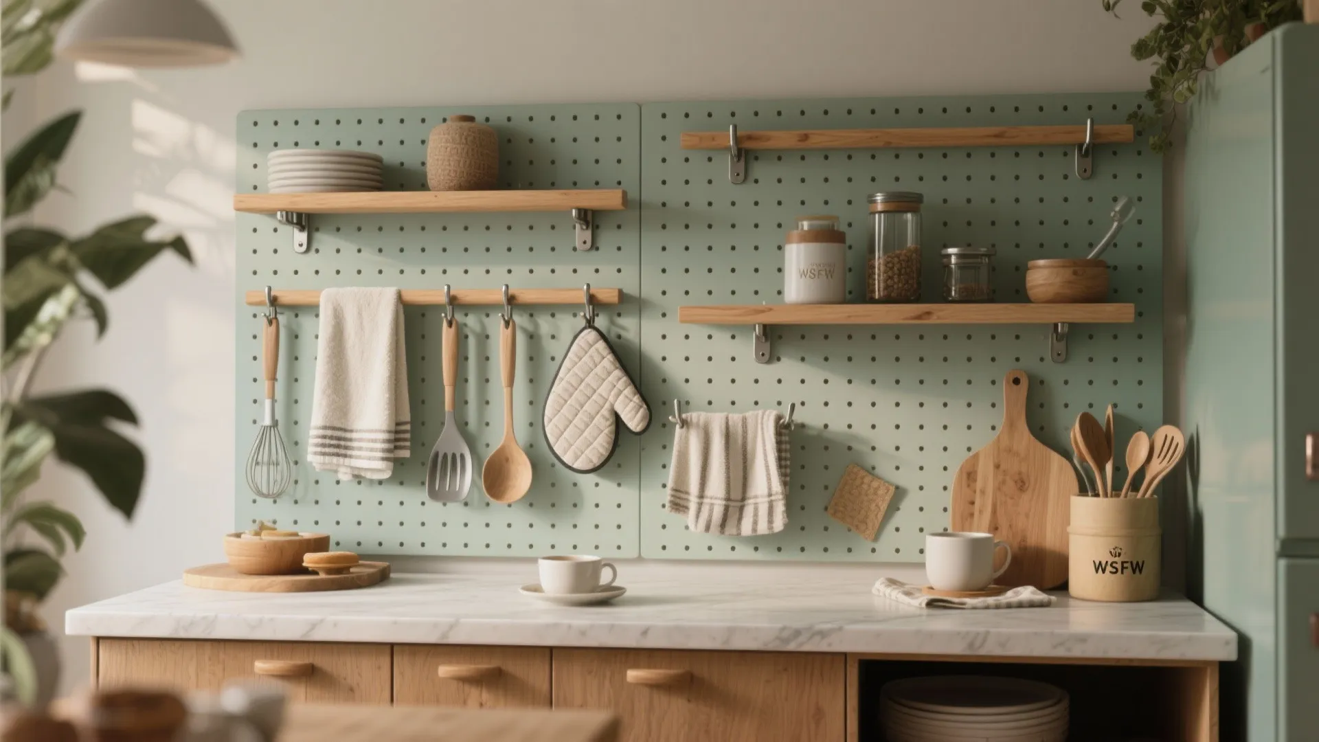 Pegboard behind a breakfast counter with custom rods and clips holding towels and utensils.