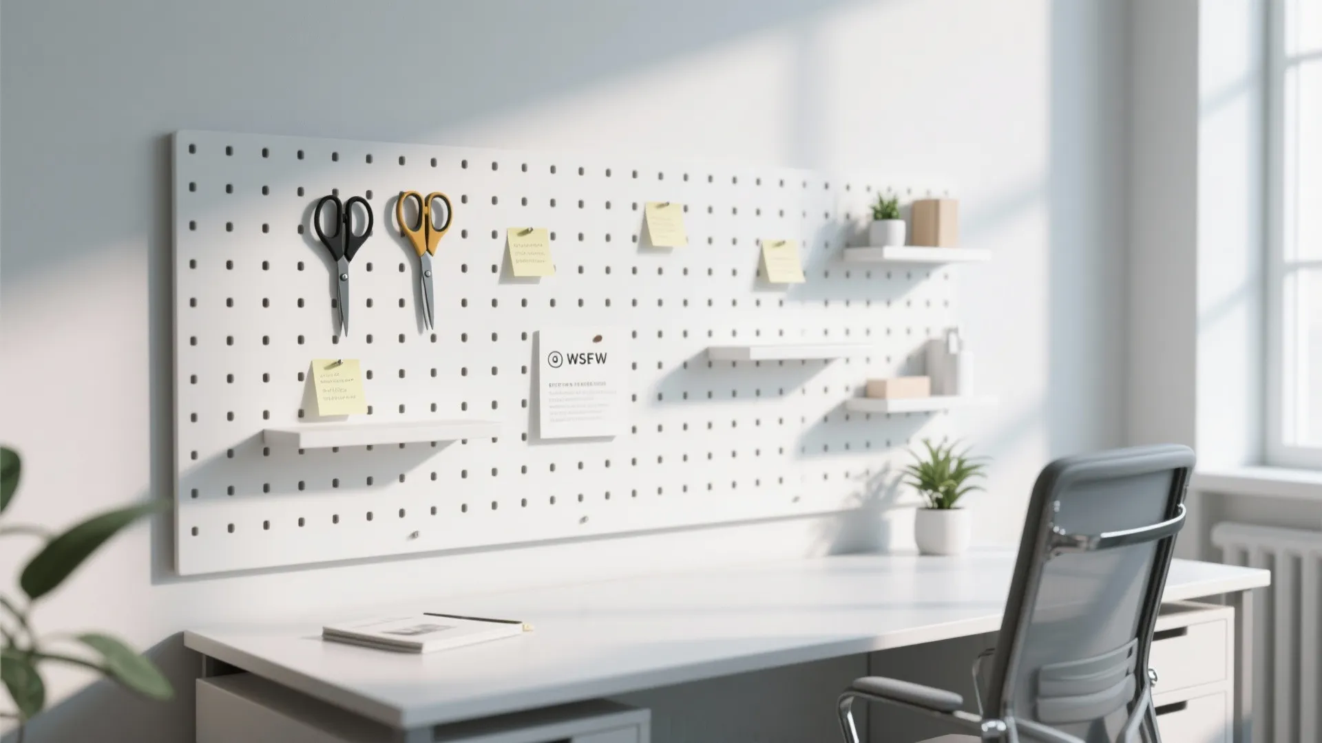 White wall mounted pegboard organizer with scissors and notes above a clean white home office desk