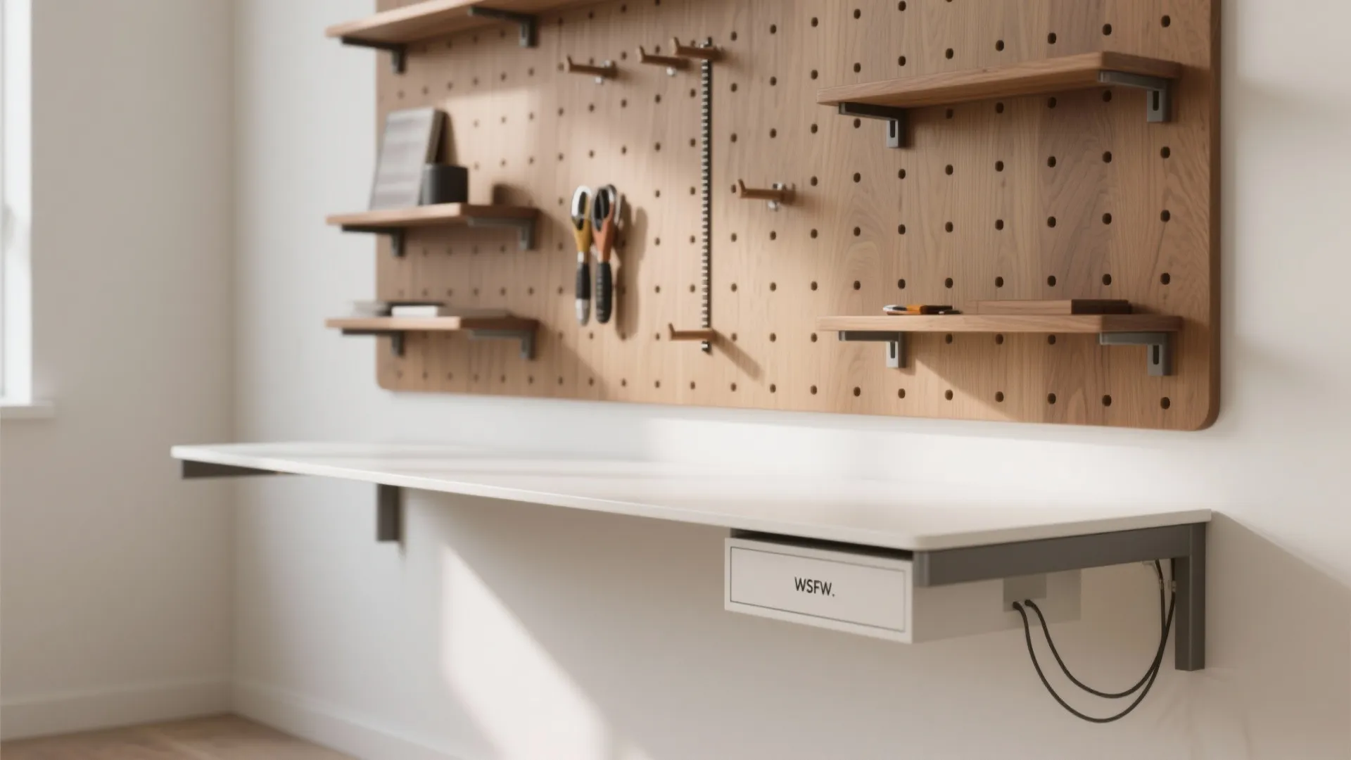 Minimalist Floating Desk + Pegboard Wall
