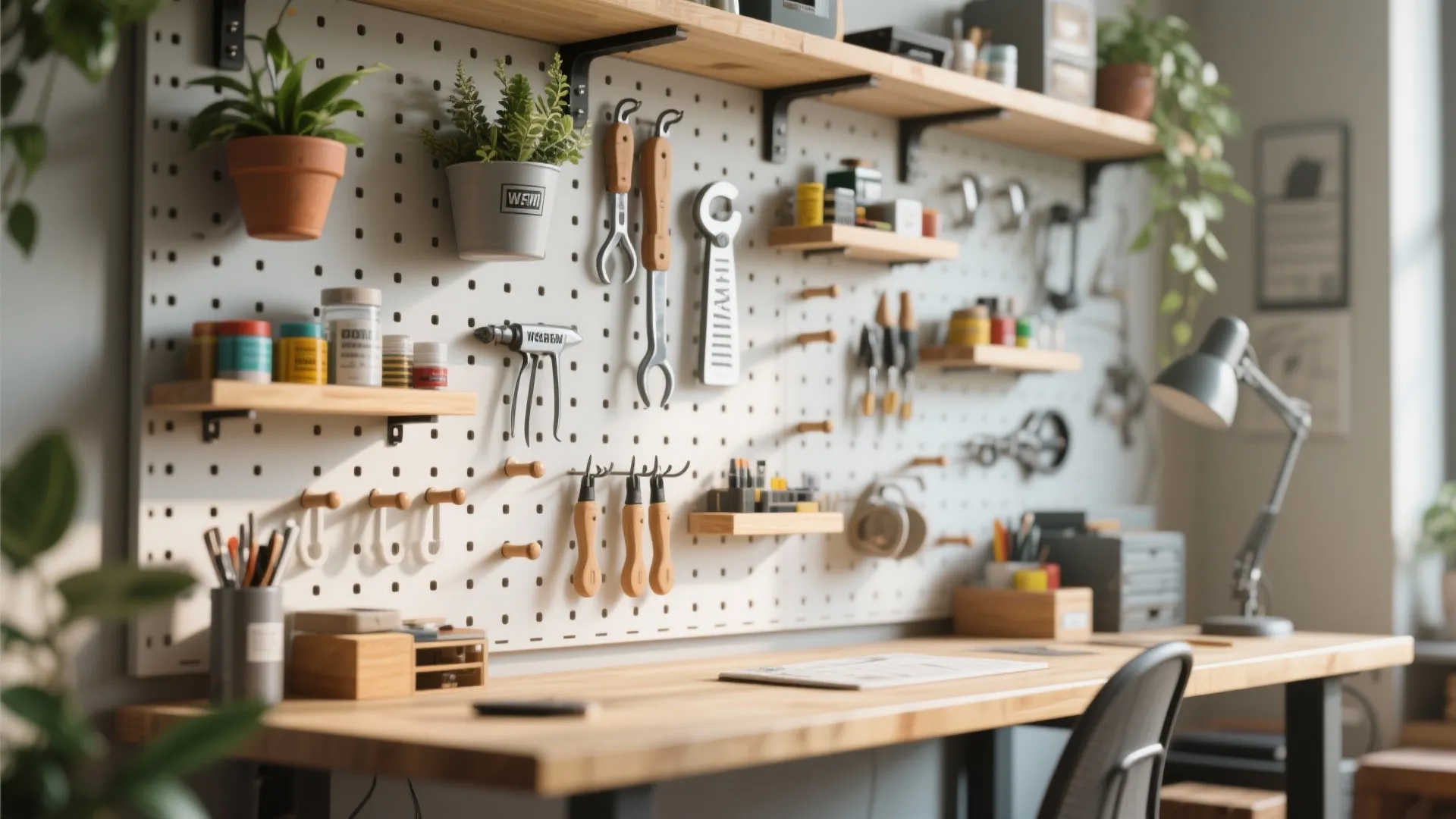 4. Wall-mounted desk with integrated pegboard and supplies