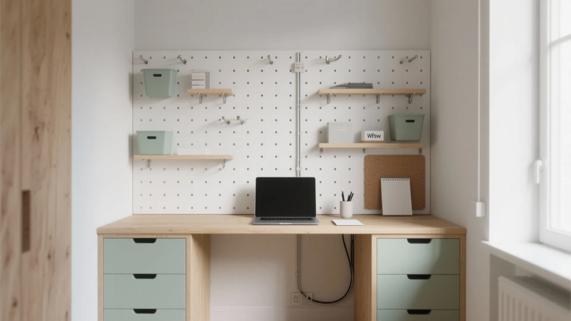 Modern wood desk with green drawers and a white pegboard holding shelves and laptop computer