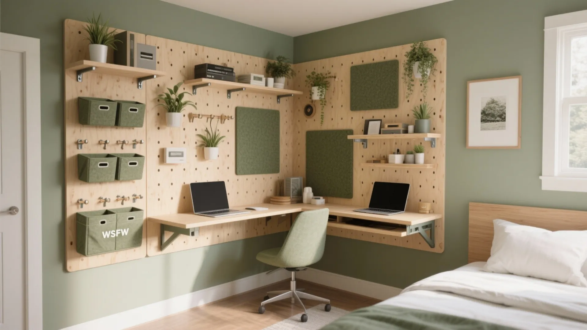 Workhorse walls: pegboards, rails, fold-down desks, and acoustic panels