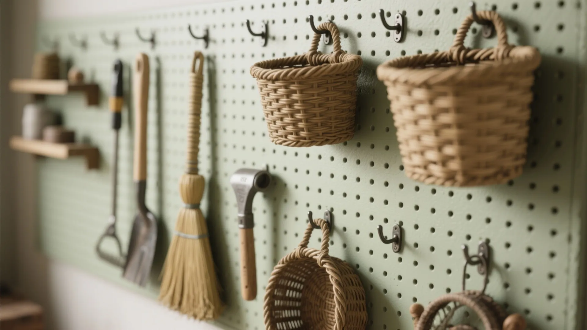 5. Vertical Pegboard Wall for Tools and Cleaning Gear