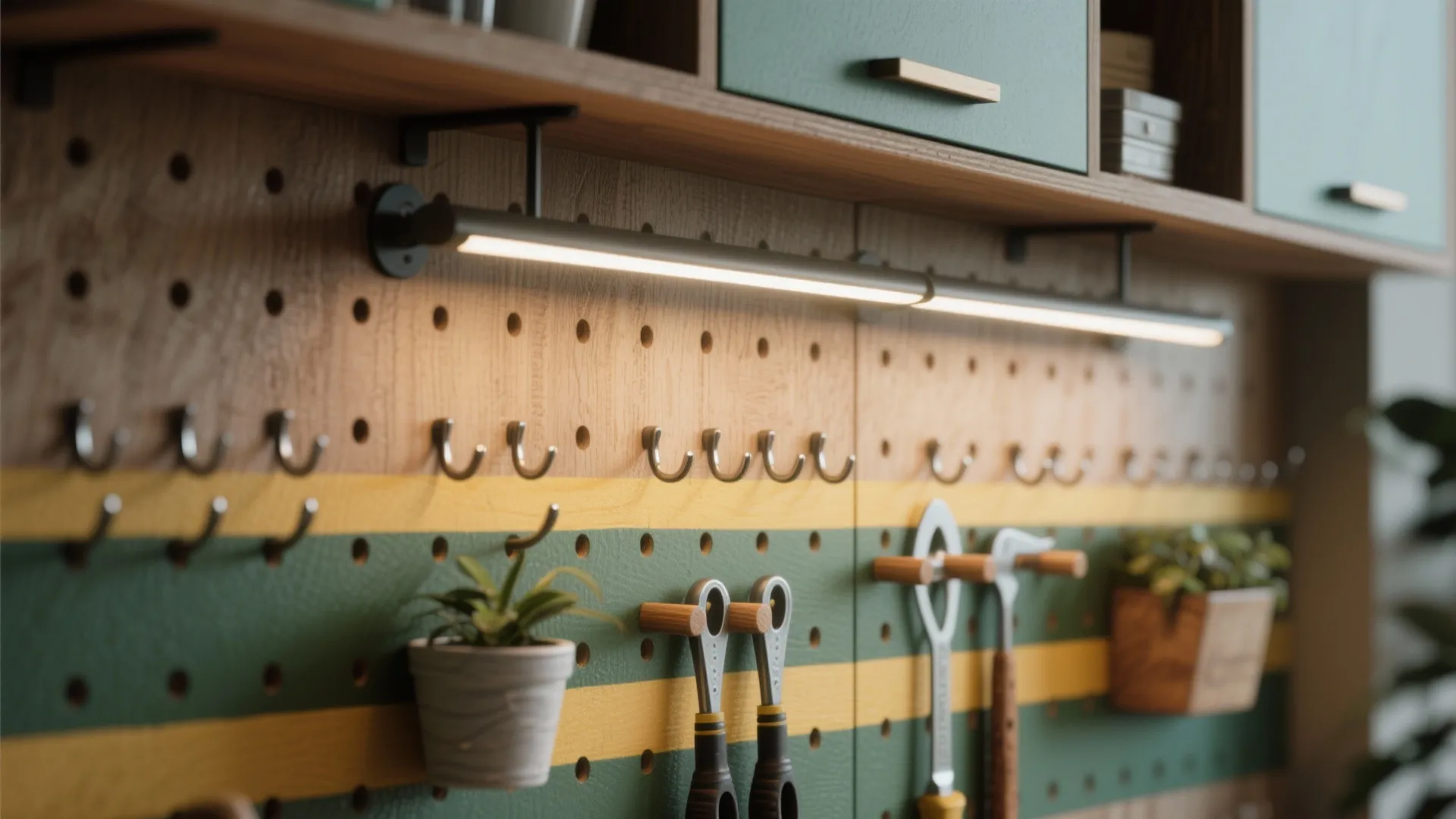 Wooden wall pegboard with hooks and tools below a thin horizontal light fixture and cabinet