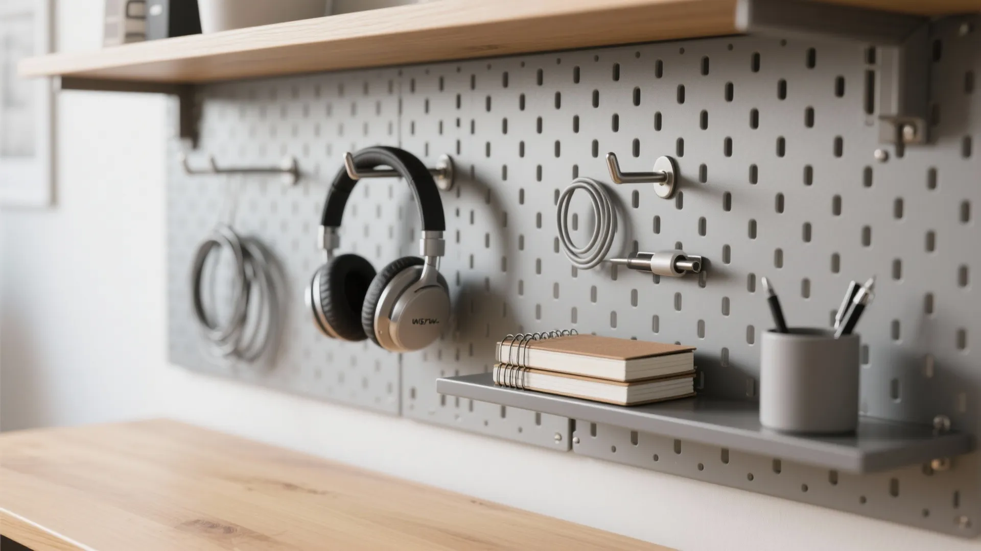 Close up of a grey pegboard holding silver headphones, coiled cables, small notebooks, and pens