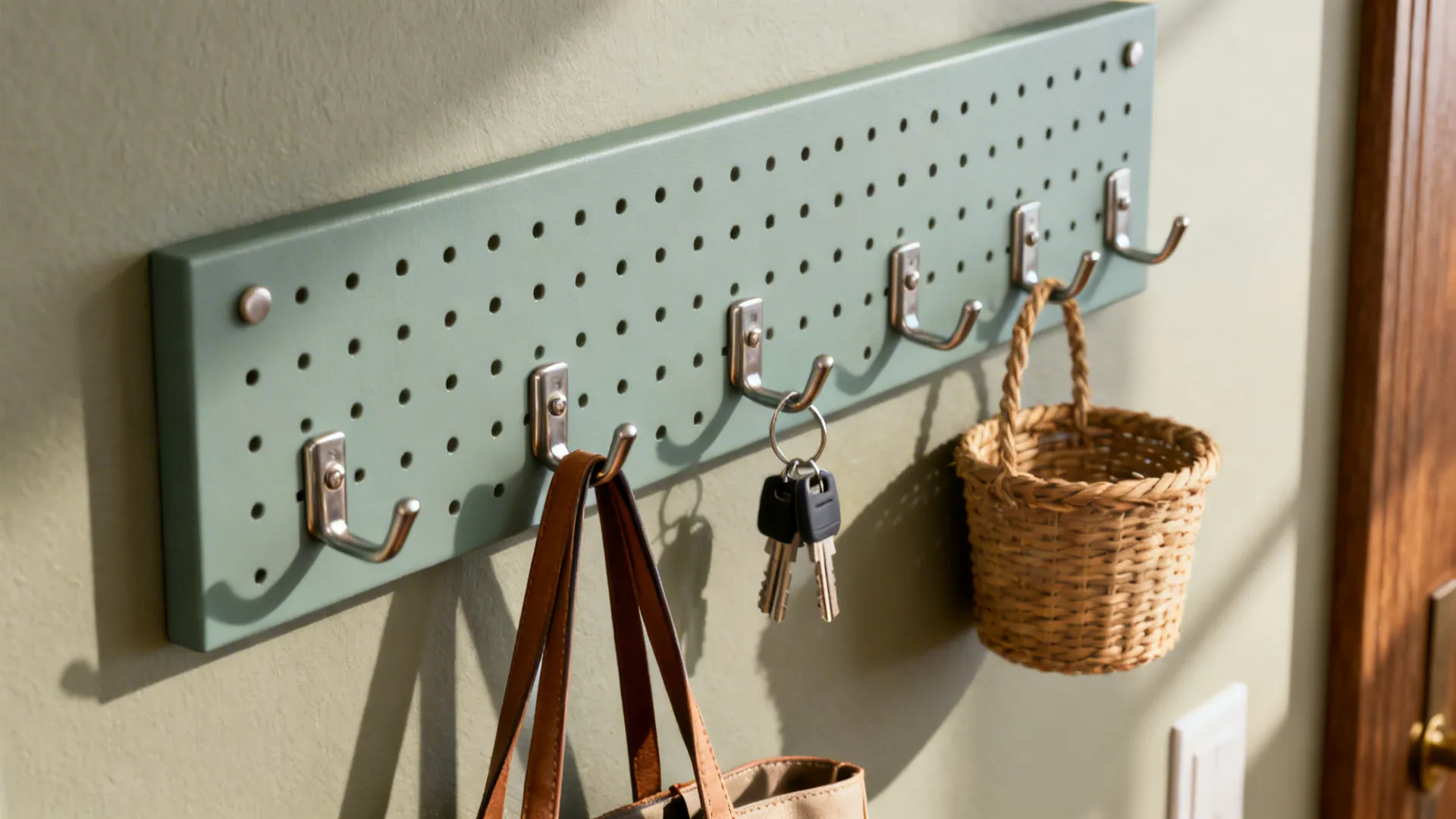 Close-up of painted pegboard with hooks, baskets and hanging everyday items in an entryway.