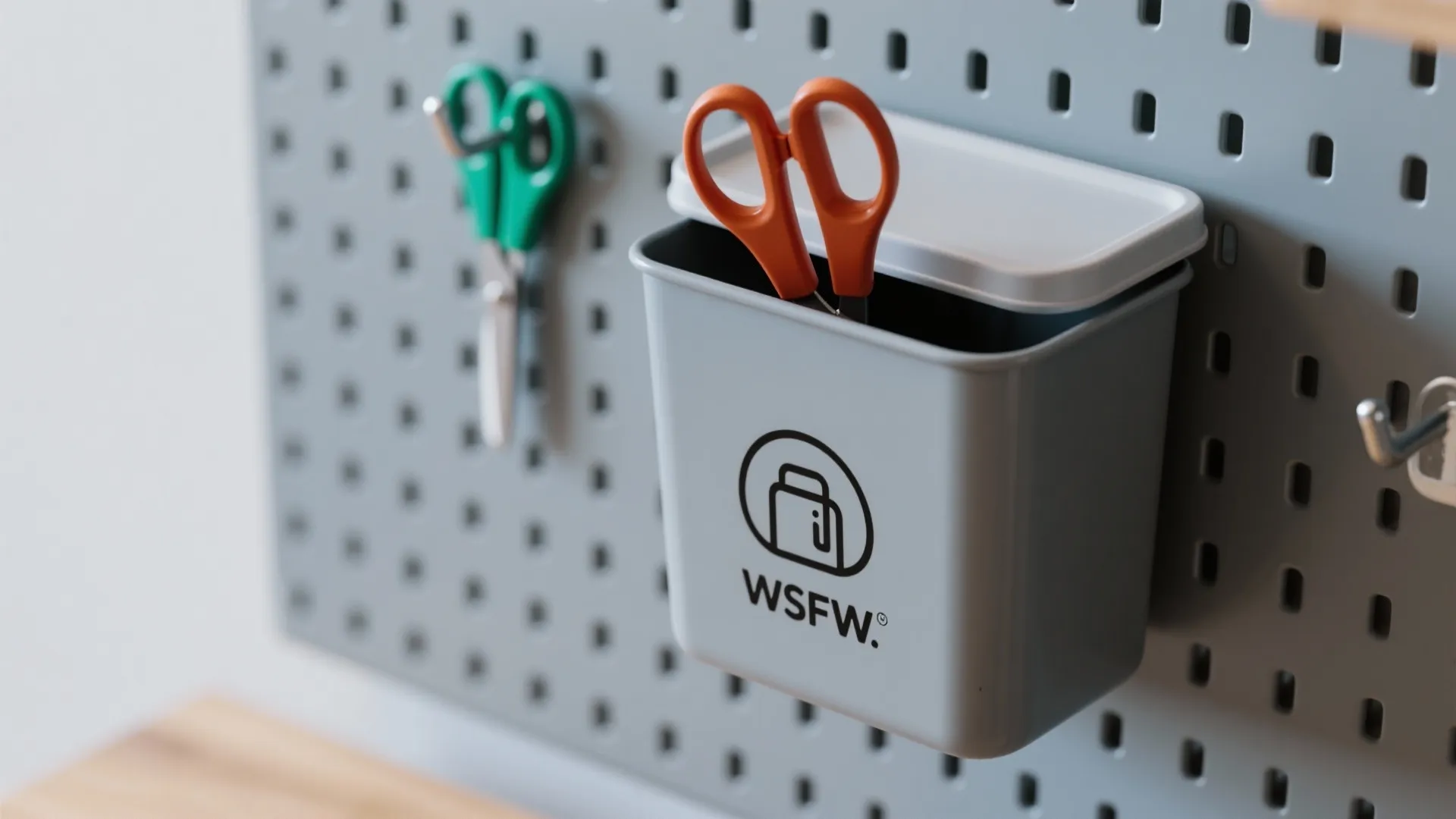 Minimalist pegboard wall with concealed bins