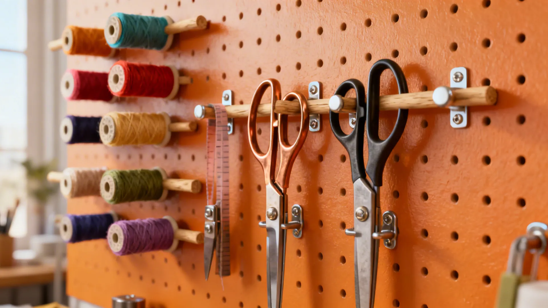Pegboard with dowels holding colorful fabric bolts and tools