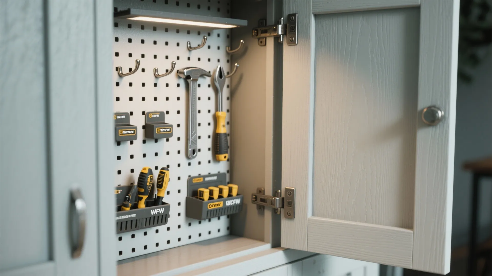 3. Cabinets with integrated pegboard doors