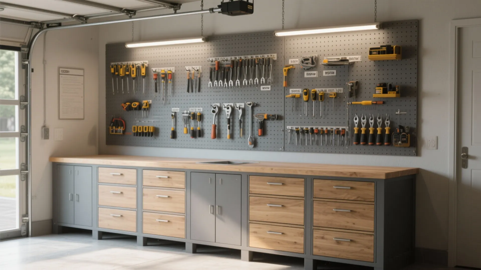 Garage workshop featuring a grey wall pegboard with tools above wood countertop and grey cabinets
