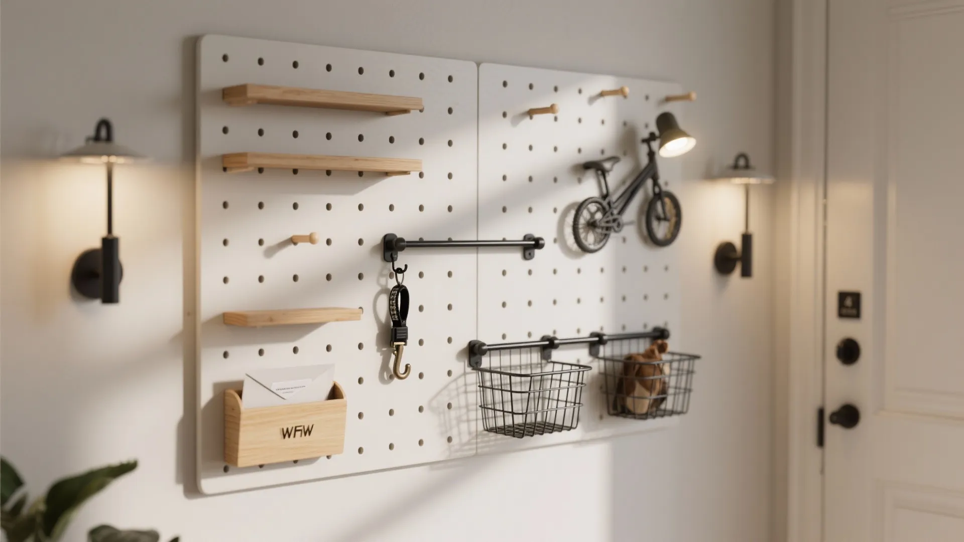 White pegboard on wall with small wooden shelves, metal baskets, toy bike, and wall light fixture